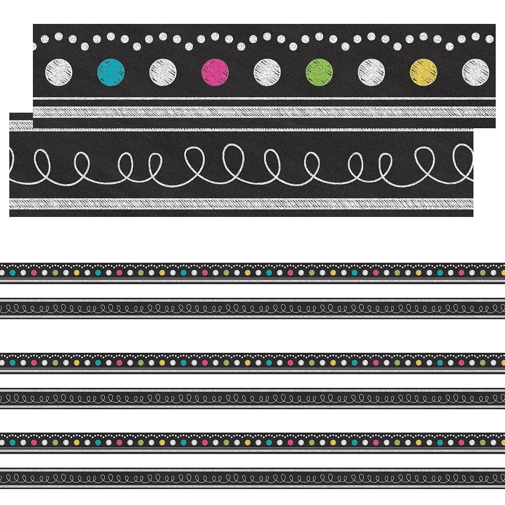 Teacher Created Resources Chalkboard Brights Double-Sided Ribbon Runner, 1.5" W, 45 Feet Per Pack, 3 Packs (TCR77312-3)
