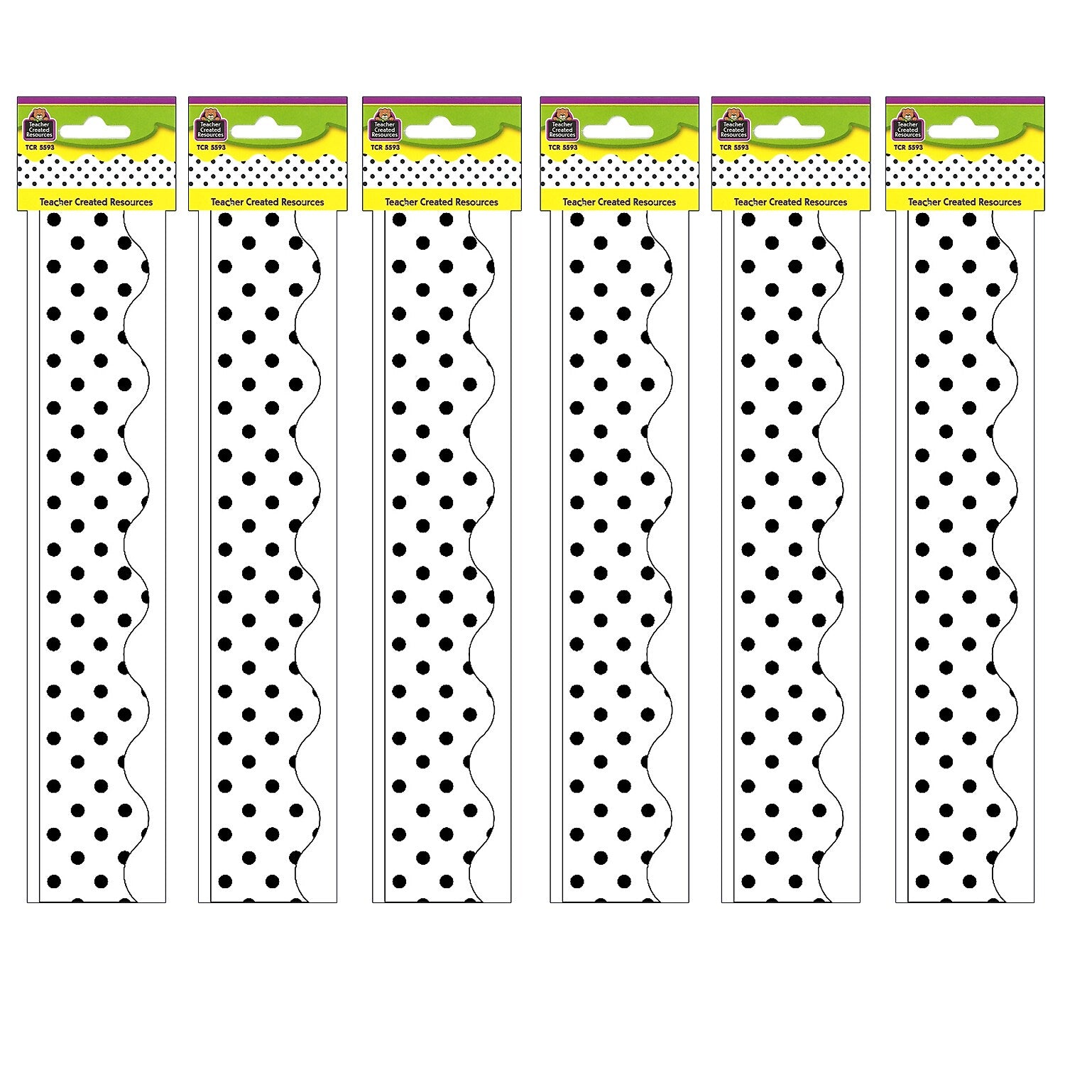 Teacher Created Resources Black Polka Dots on White Scalloped Border Trim, 35 Feet Per Pack, 6 Packs (TCR5593-6)