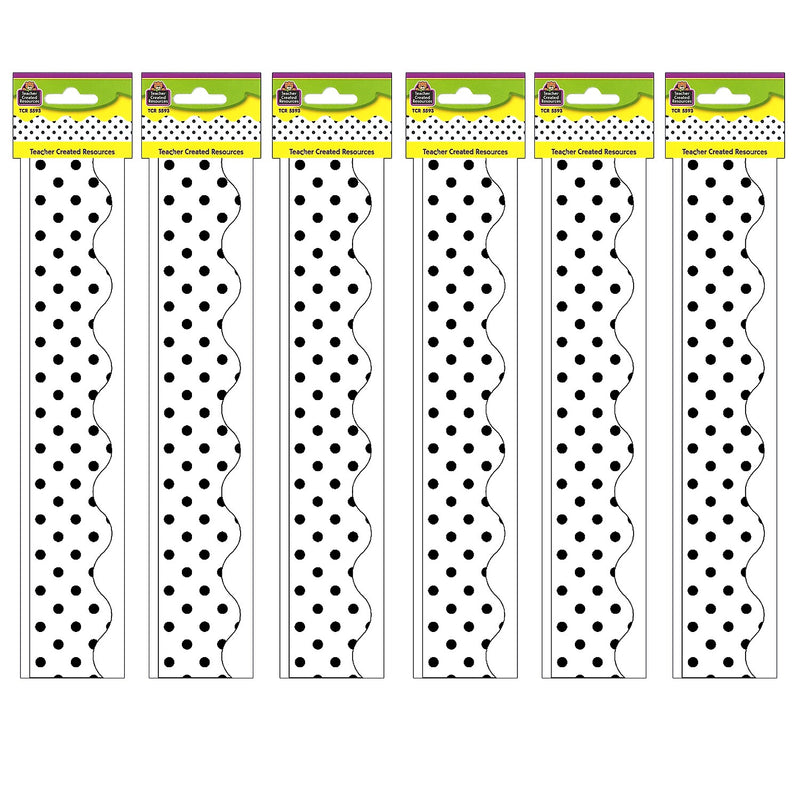 Teacher Created Resources Black Polka Dots on White Scalloped Border Trim, 35 Feet Per Pack, 6 Packs (TCR5593-6)