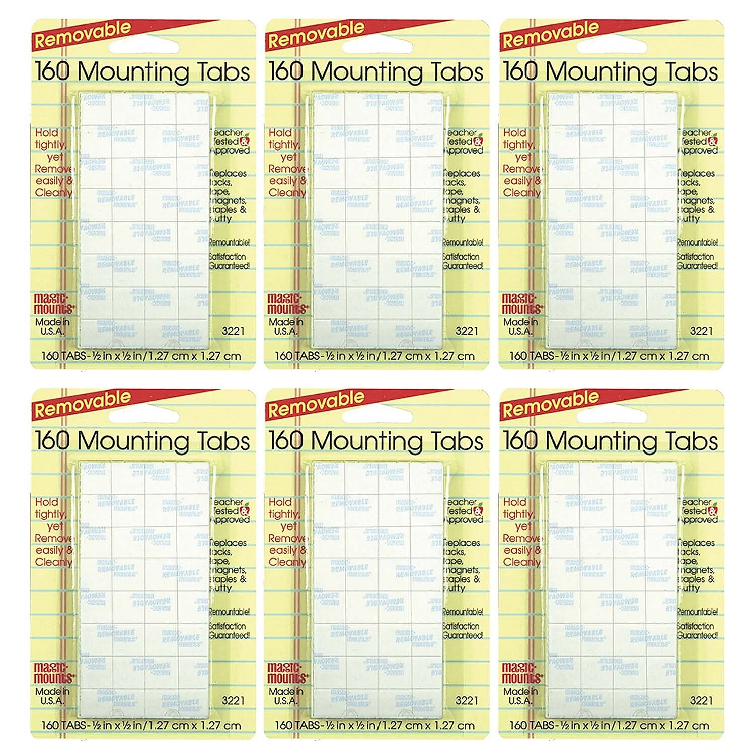 Magic Mounts Removable Mounting Tabs, 1/2" x 1/2", Clear, 160 Per Pack, 6 Packs (MIL3221-6)