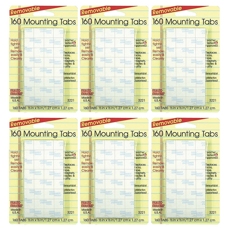 Magic Mounts Removable Mounting Tabs, 1/2" x 1/2", Clear, 160 Per Pack, 6 Packs (MIL3221-6)
