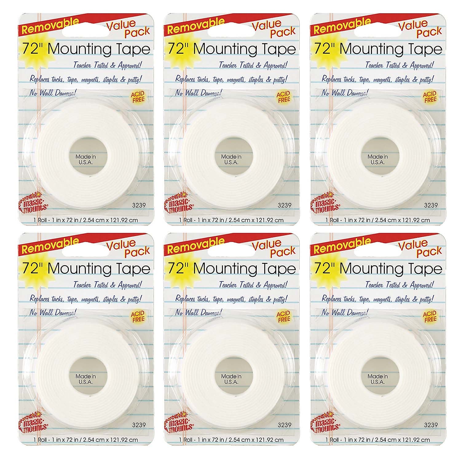 Magic Mounts® Removable Mounting Tape, 1" x 72", White, 6 Rolls (MIL3239-6)