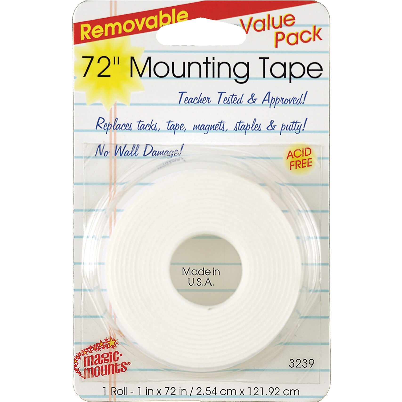 Magic Mounts® Removable Mounting Tape, 1" x 72", White, 6 Rolls (MIL3239-6)