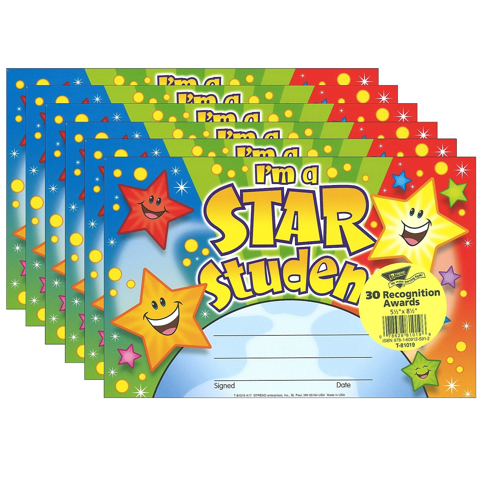 TREND I'm a Star Student Recognition Awards, 30 Per Pack, 6 Packs (T-81019-6)