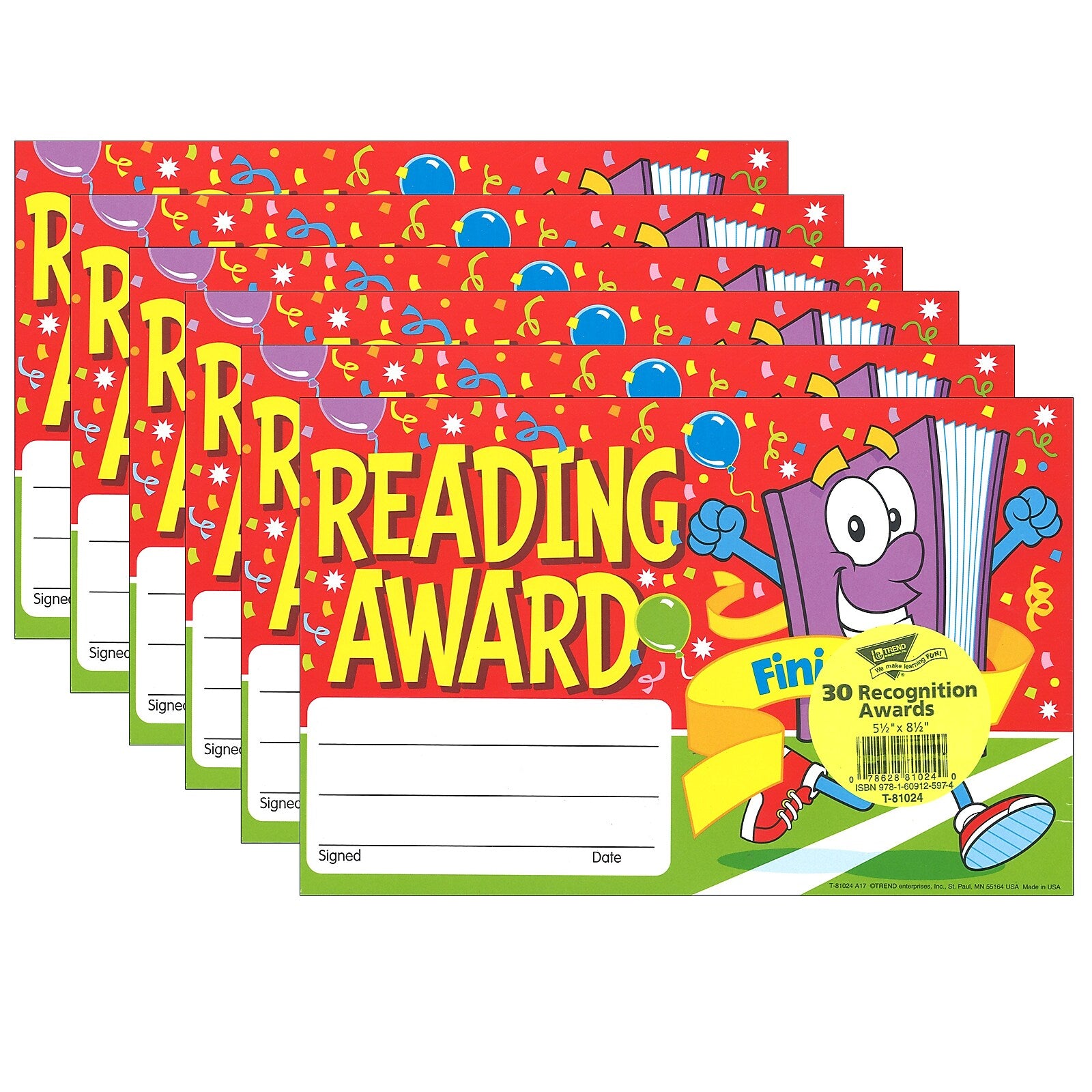 TREND Reading Award Finish Line Recognition Awards, 30 Per Pack, 6 Packs (T-81024-6)