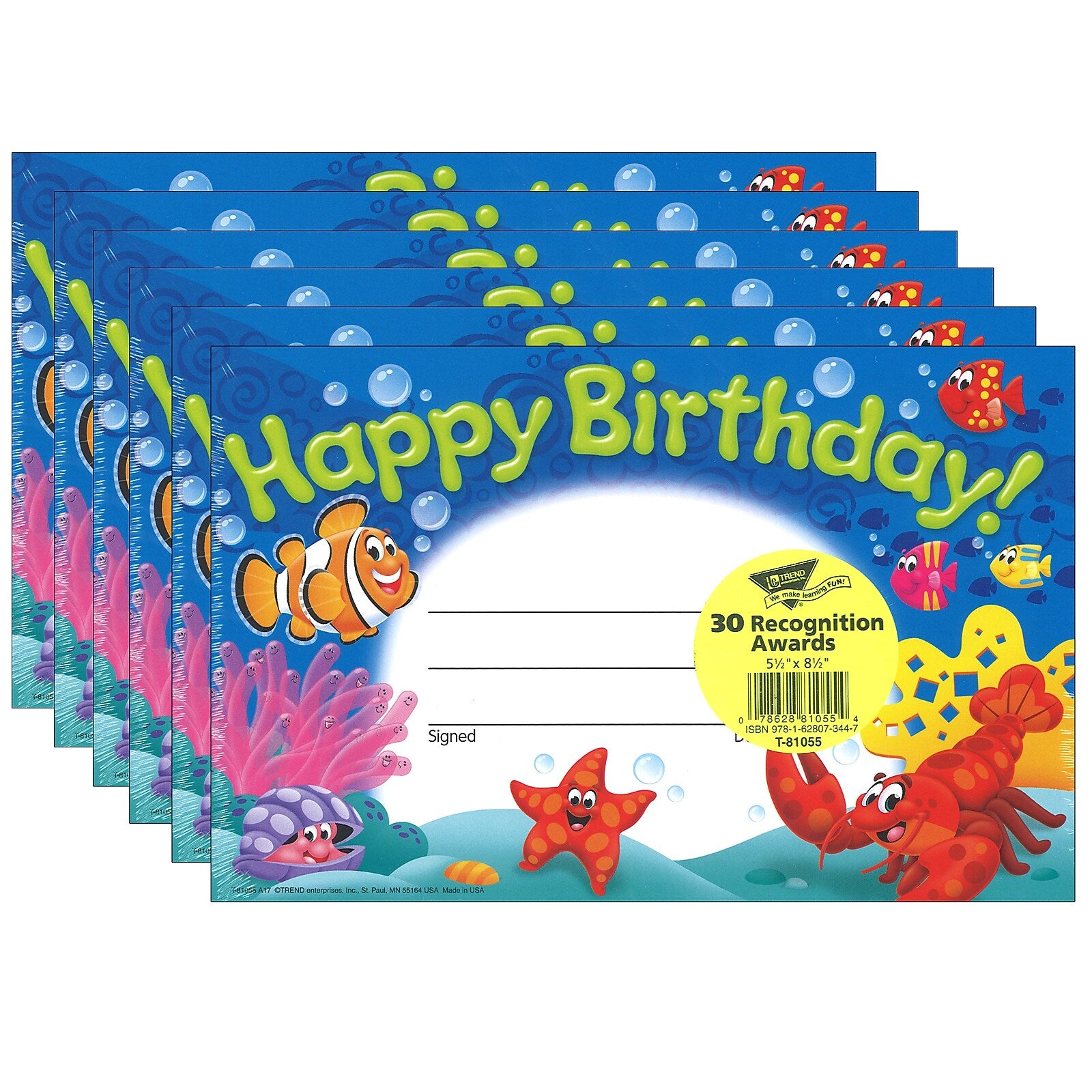 TREND Happy Birthday! Sea Buddies Recognition Awards, 30 Per Pack, 6 Packs (T-81055-6)