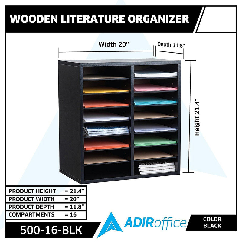 AdirOffice 500 Series 16-Compartment Literature Organizer, 20" x 11.8", Black (500-16-BLK)