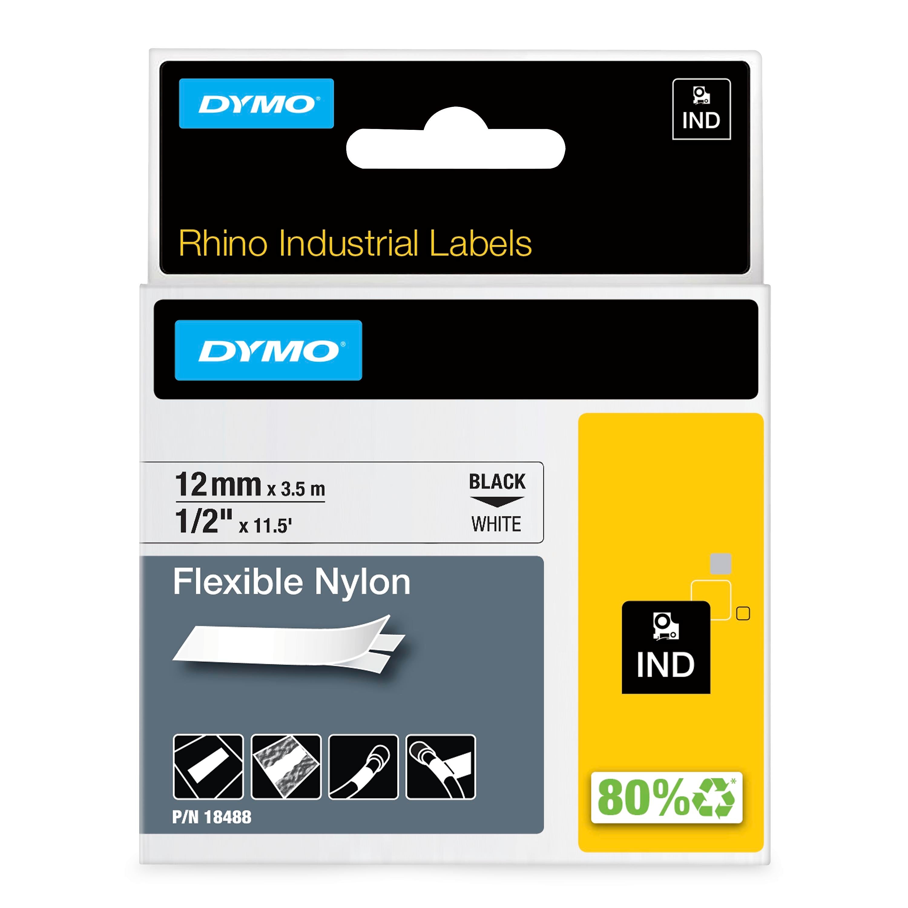 DYMO Rhino Industrial 18488 Flexible Nylon Label Maker Tape, 1/2" x 11-1/2', Black on White (18488)