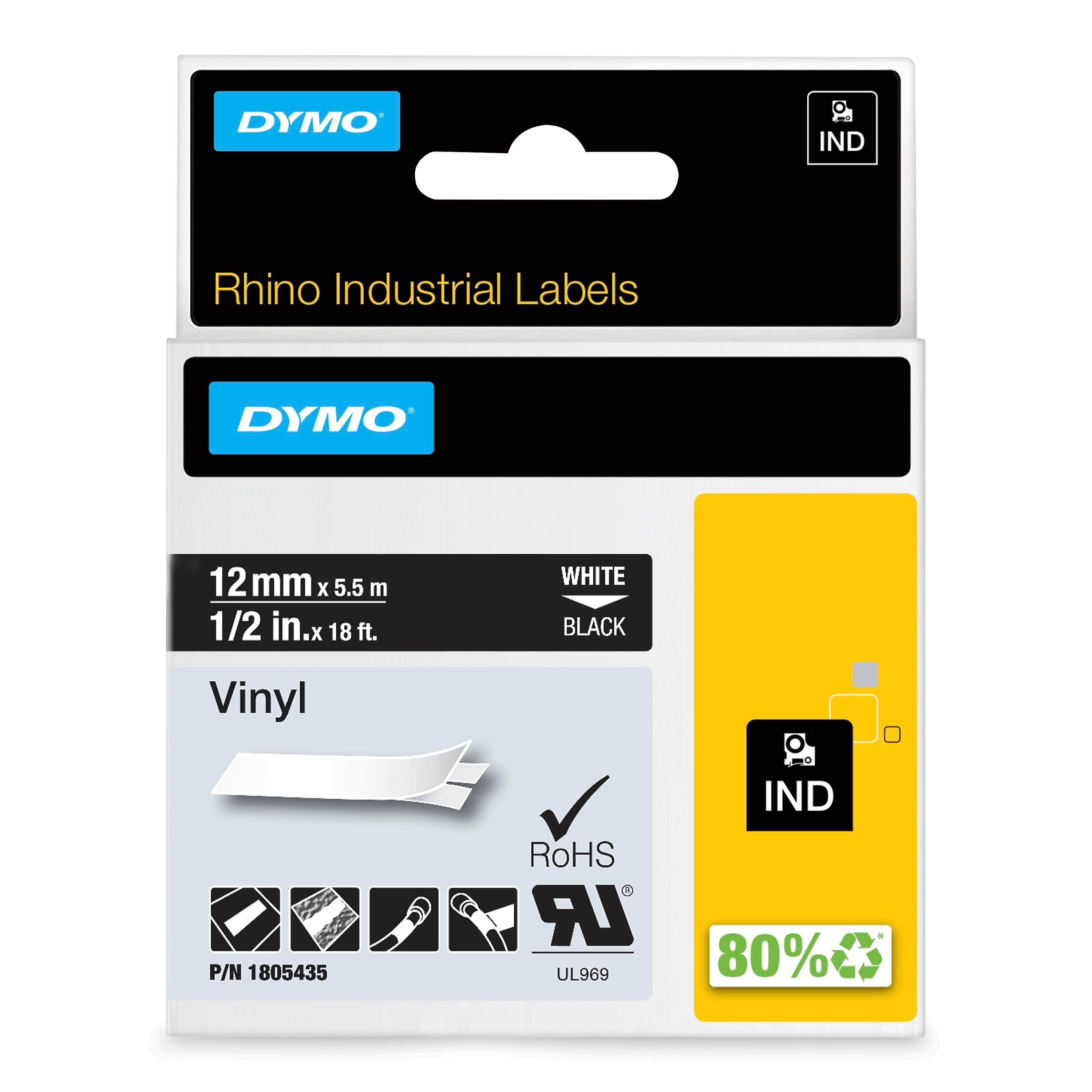 DYMO Rhino Industrial 1805435 Vinyl Label Maker Tape, 1/2" x 18', White on Black (1805435)