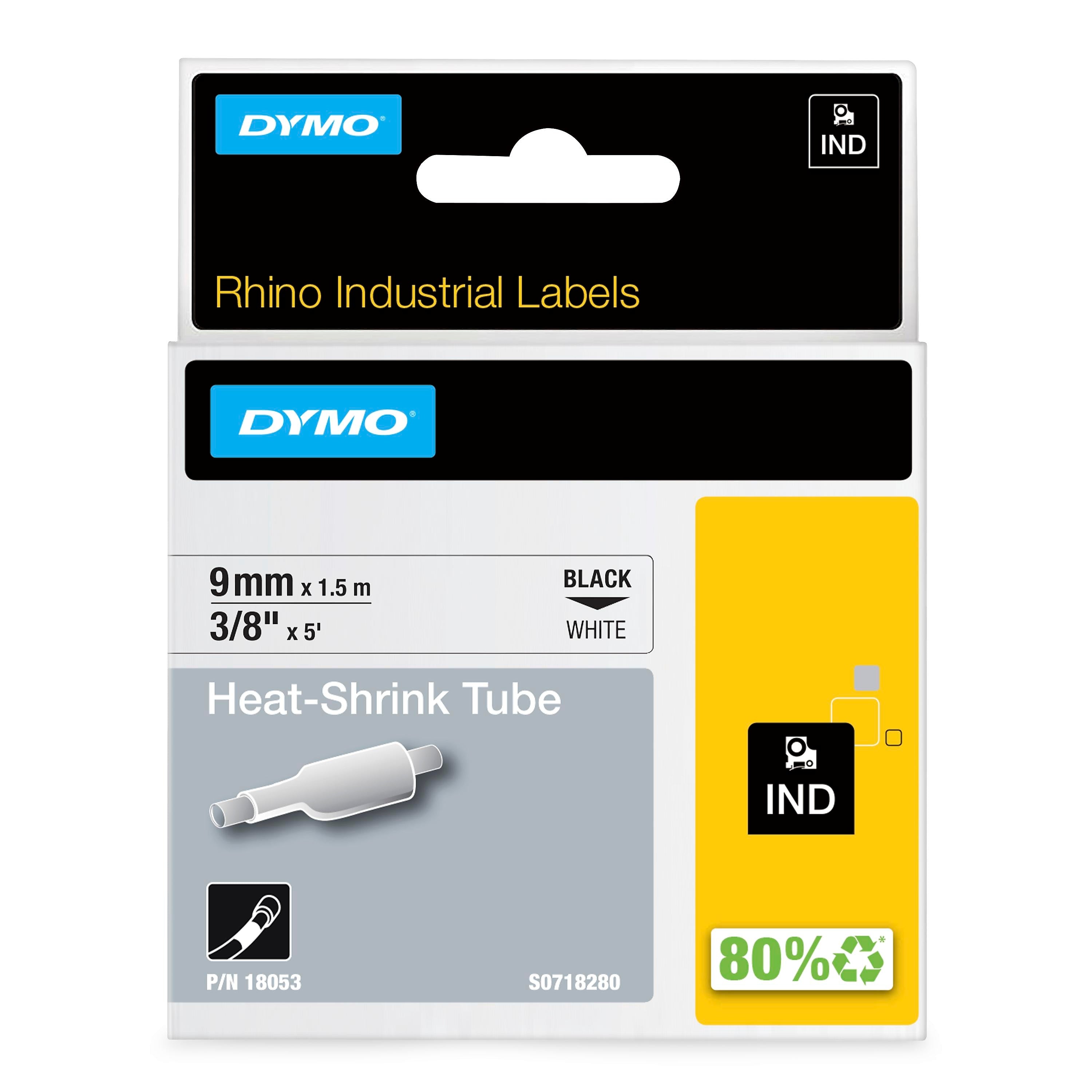 DYMO Rhino Industrial 18053 Heat-Shrink Tube Label Maker Tape, 3/8" x 5', Black on White (18053)