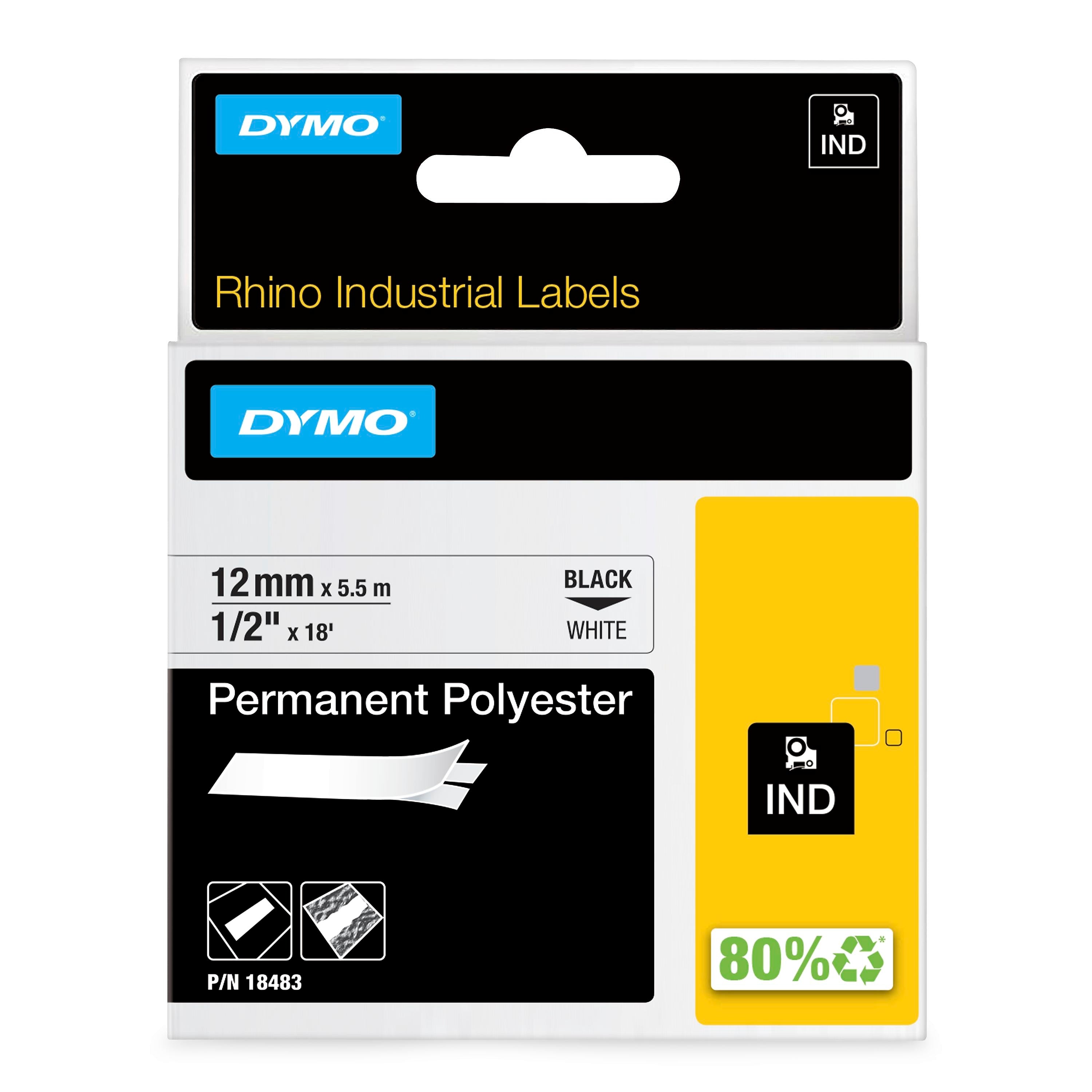 DYMO Rhino Industrial 18483 Permanent Polyester Label Maker Tape, 1/2" x 18', Black on White (18483)