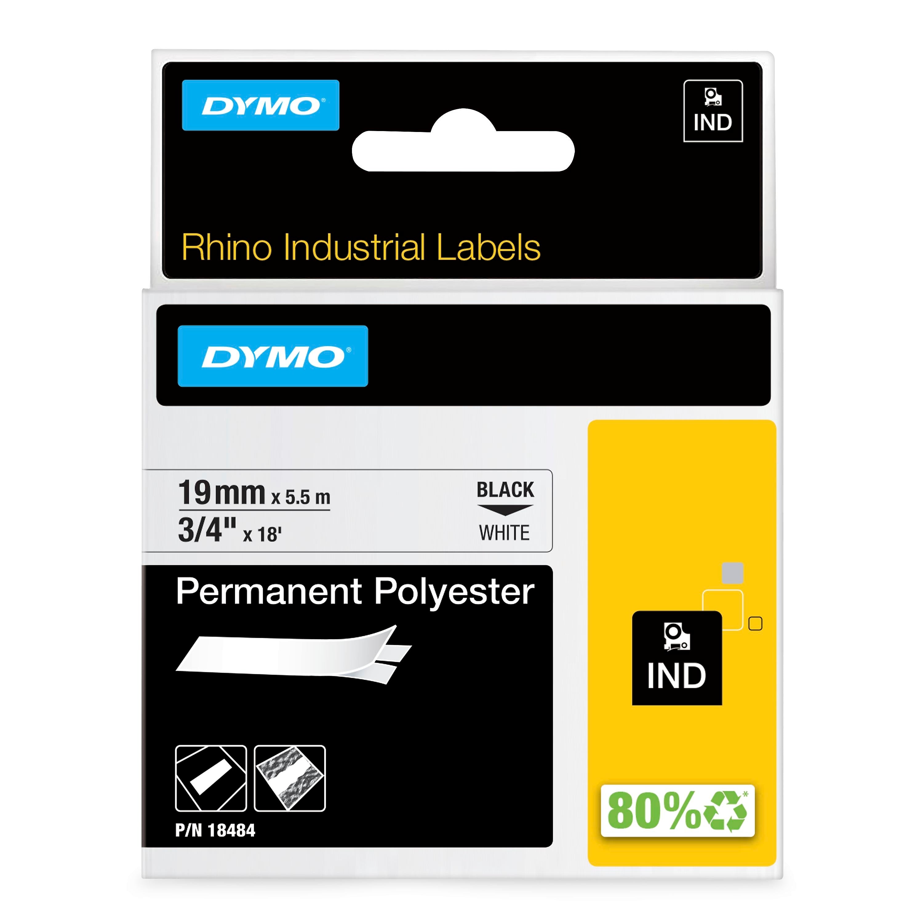 DYMO Rhino Industrial 18484 Permanent Polyester Label Maker Tape, 3/4" x 18', Black on White (18484)