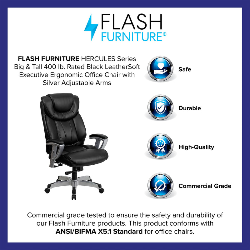 Flash Furniture HERCULES Series LeatherSoft Swivel Big & Tall Executive Office Chair, Black (GO1534BKLEA)