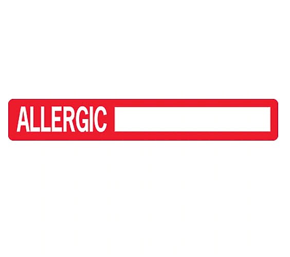 Allergy Warning Medical Labels, Allergic:, Red and White, 1x6-1/2", 100 Labels