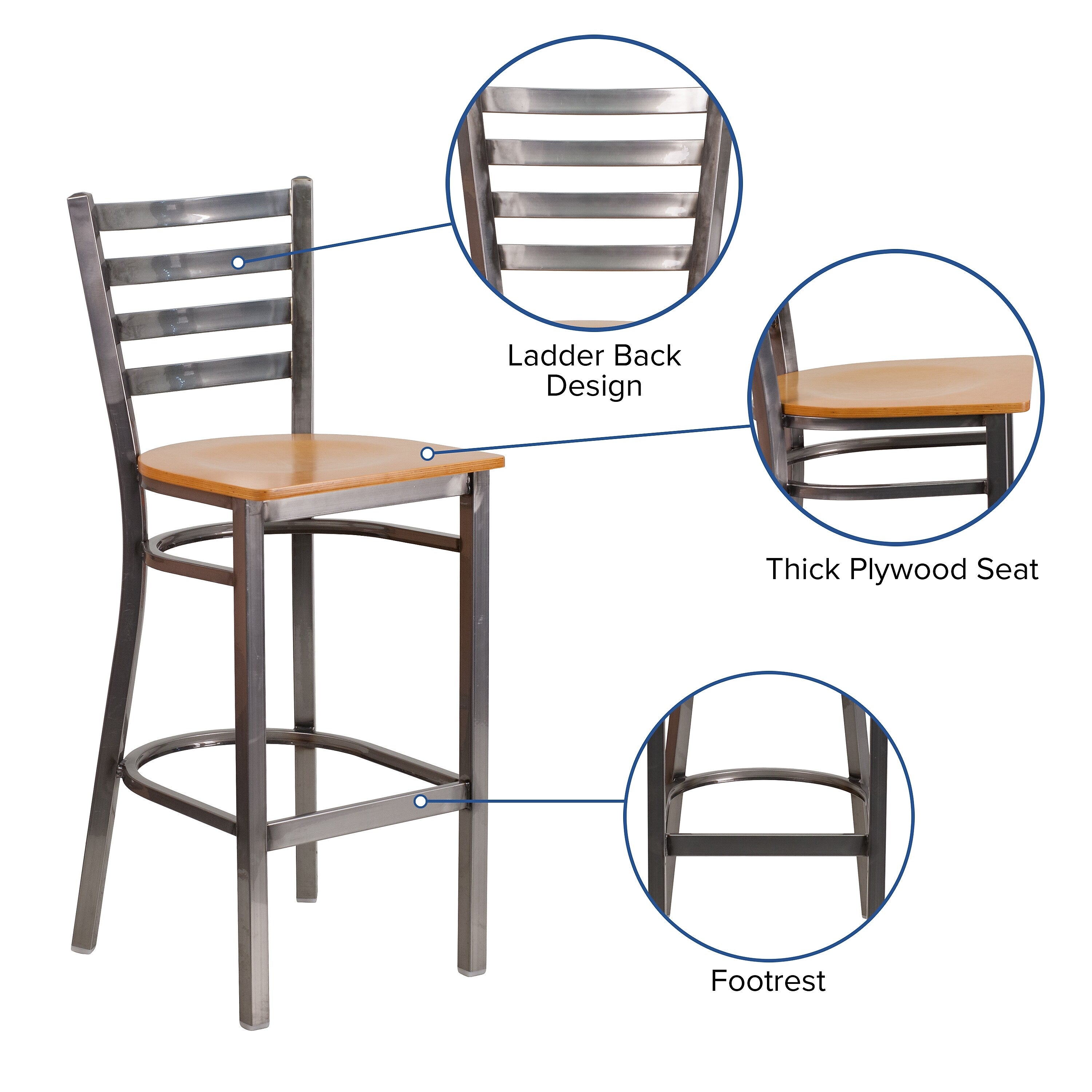 Flash Furniture HERCULES Series Traditional Metal Ladder Back Restaurant Barstool, Clear Coat/Natural Wood (XUDG697CBARNTW)