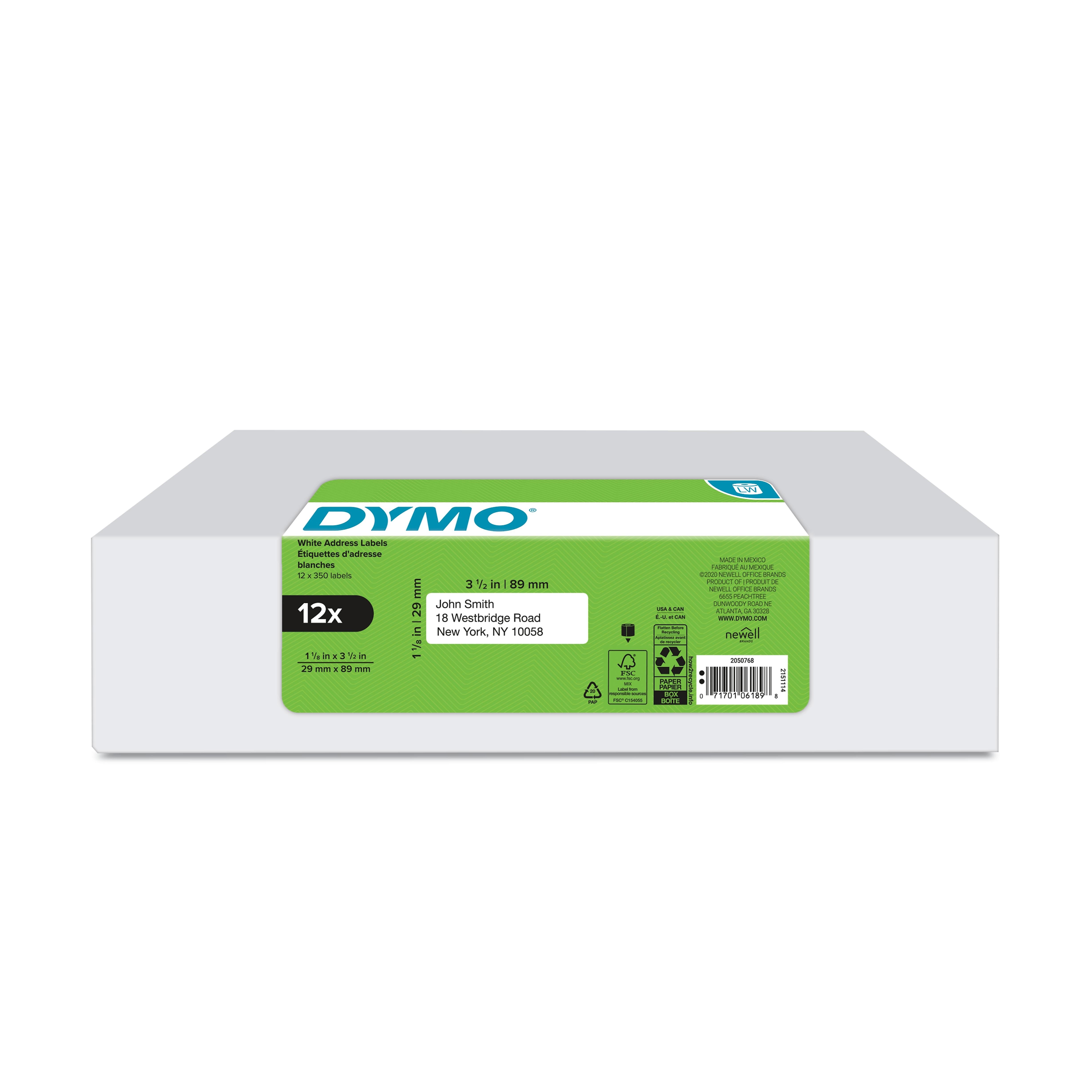 DYMO LabelWriter 2050768 Mailing Address Labels, 3-1/2" x 1-1/8", Black on White, 350 Labels/Roll, 12 Rolls/Box (2050768)