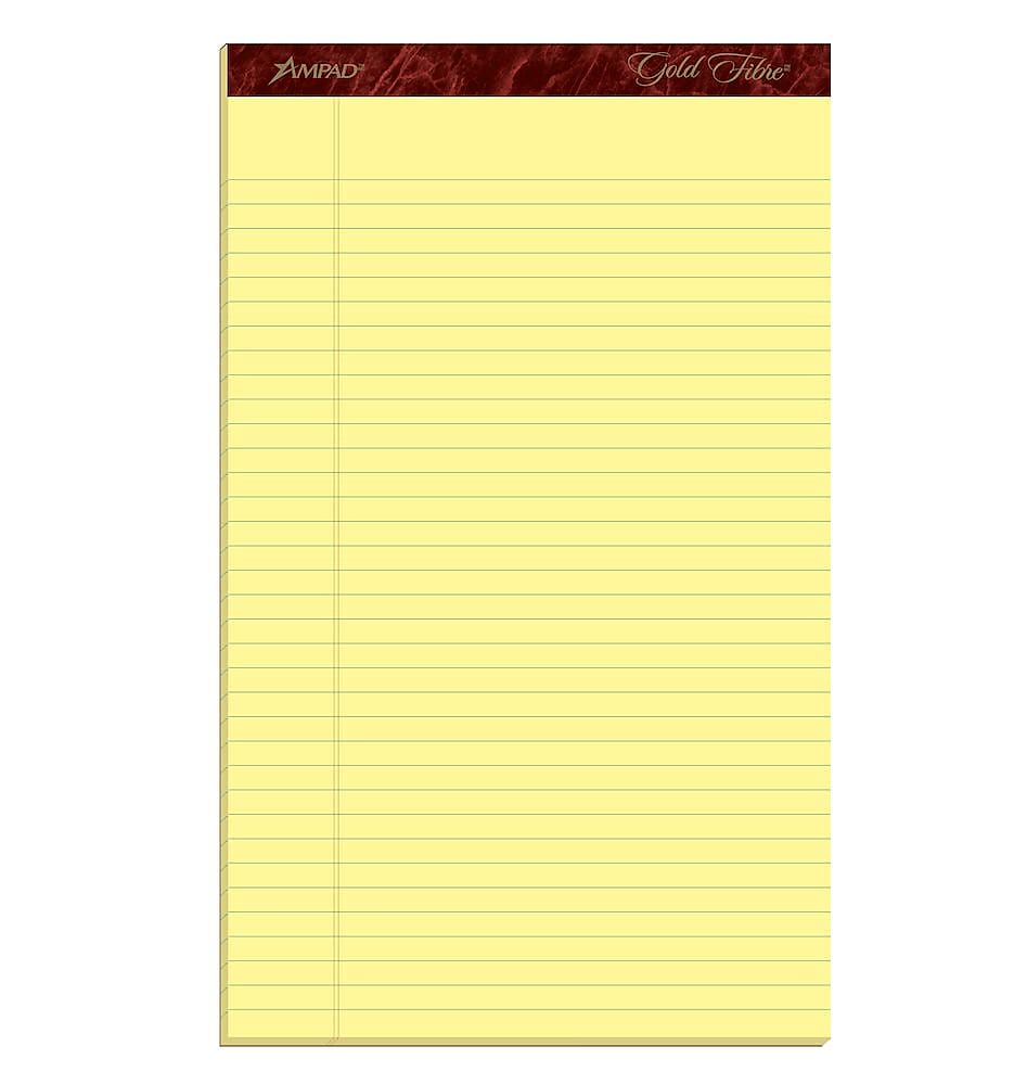 Ampad Gold Fibre Notepads, 8.5" x 14", Wide Rule, Canary, 50 Sheets/Pad, 12 Pads/Pack (TOP 20-030R)