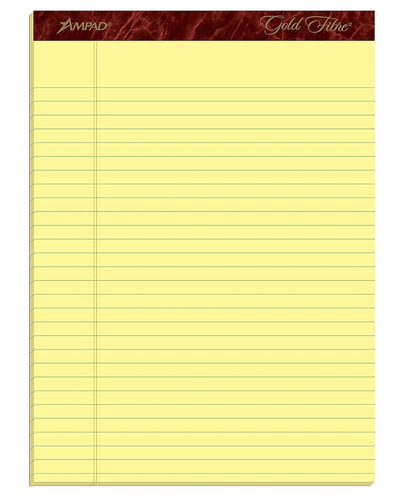 Ampad Gold Fibre Notepads, 8.5" x 11.75", Wide Ruled, Canary, 50 Sheets/Pad, 4 Pads/Pack (TOP20-032R)