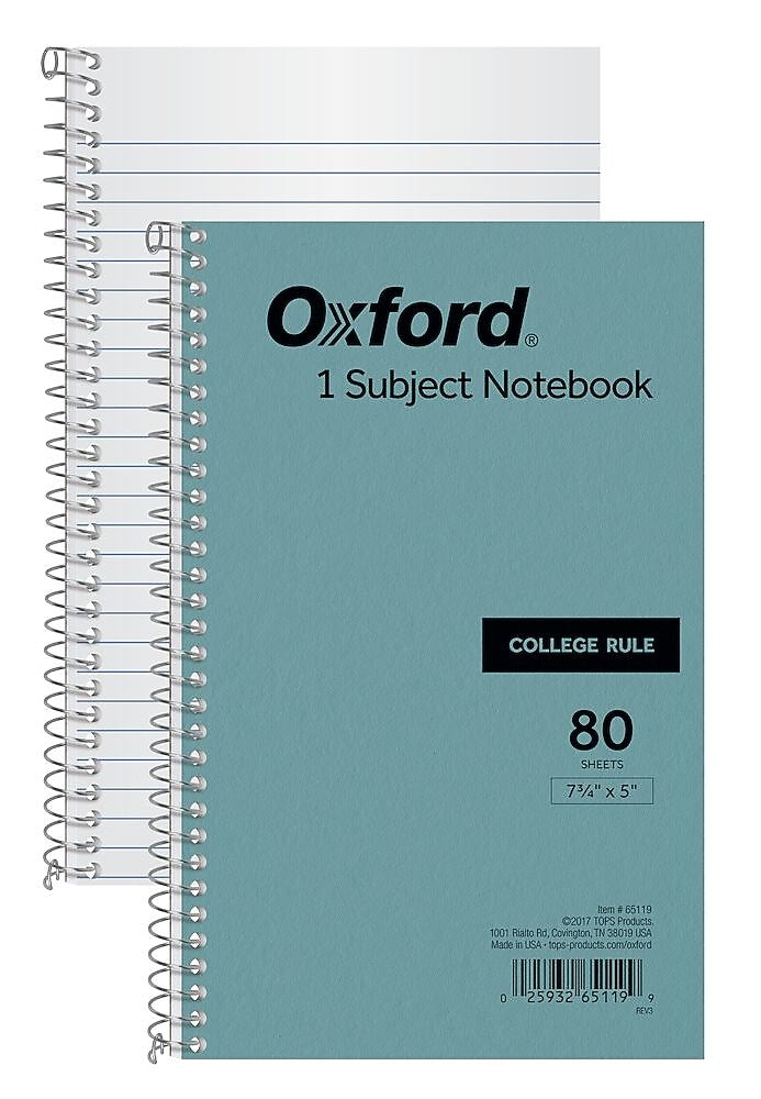 Oxford 1-Subject Notebooks, 5" x 7.75", College Ruled, 80 Sheets, Blue (65119)