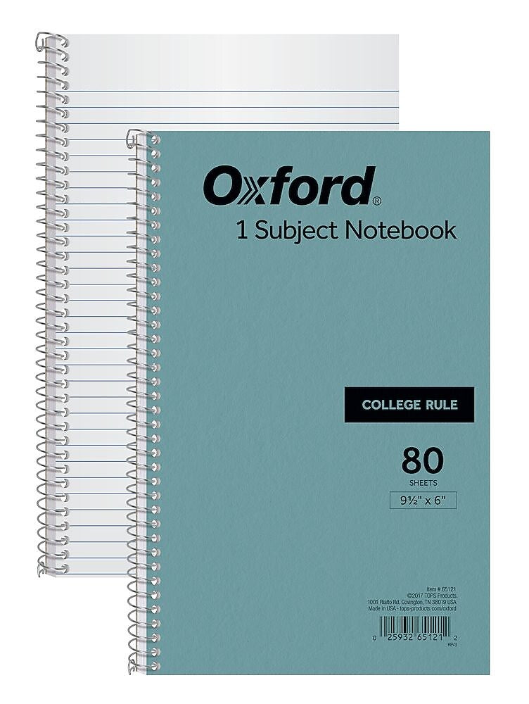 Oxford 1-Subject Notebooks, 6" x 9.5", College Ruled, 80 Sheets, Blue (65121)