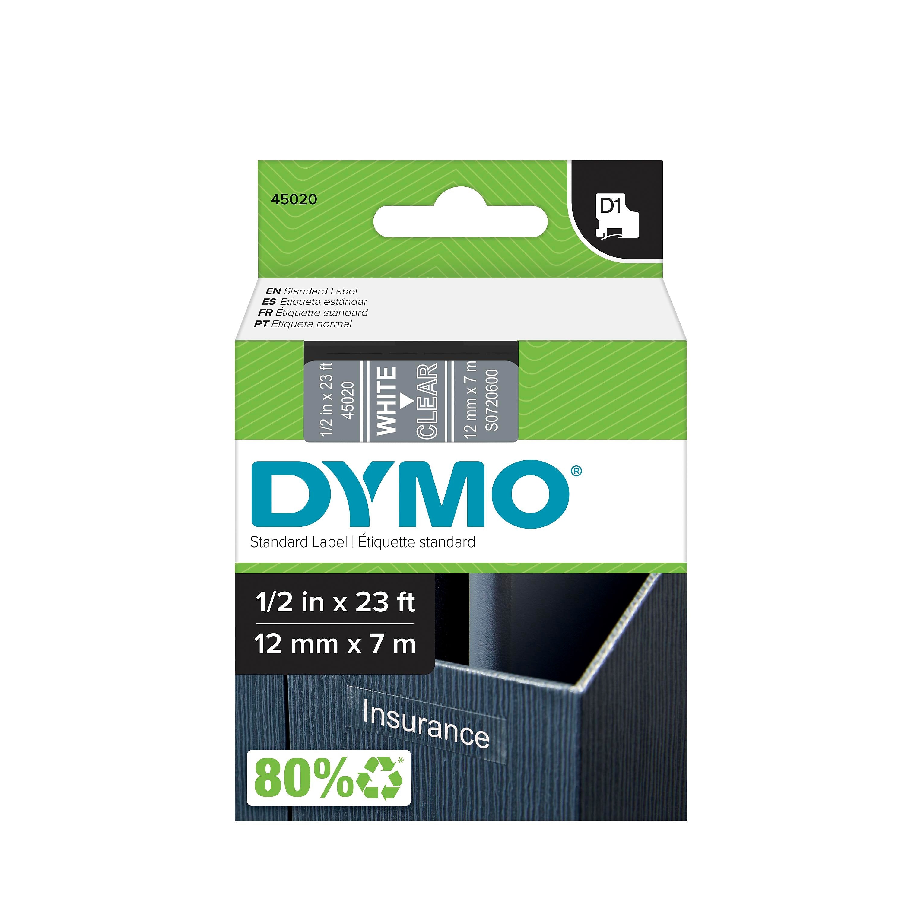 DYMO D1 Standard 45020 Label Maker Tape, 1/2" x 23', White on Clear (45020)