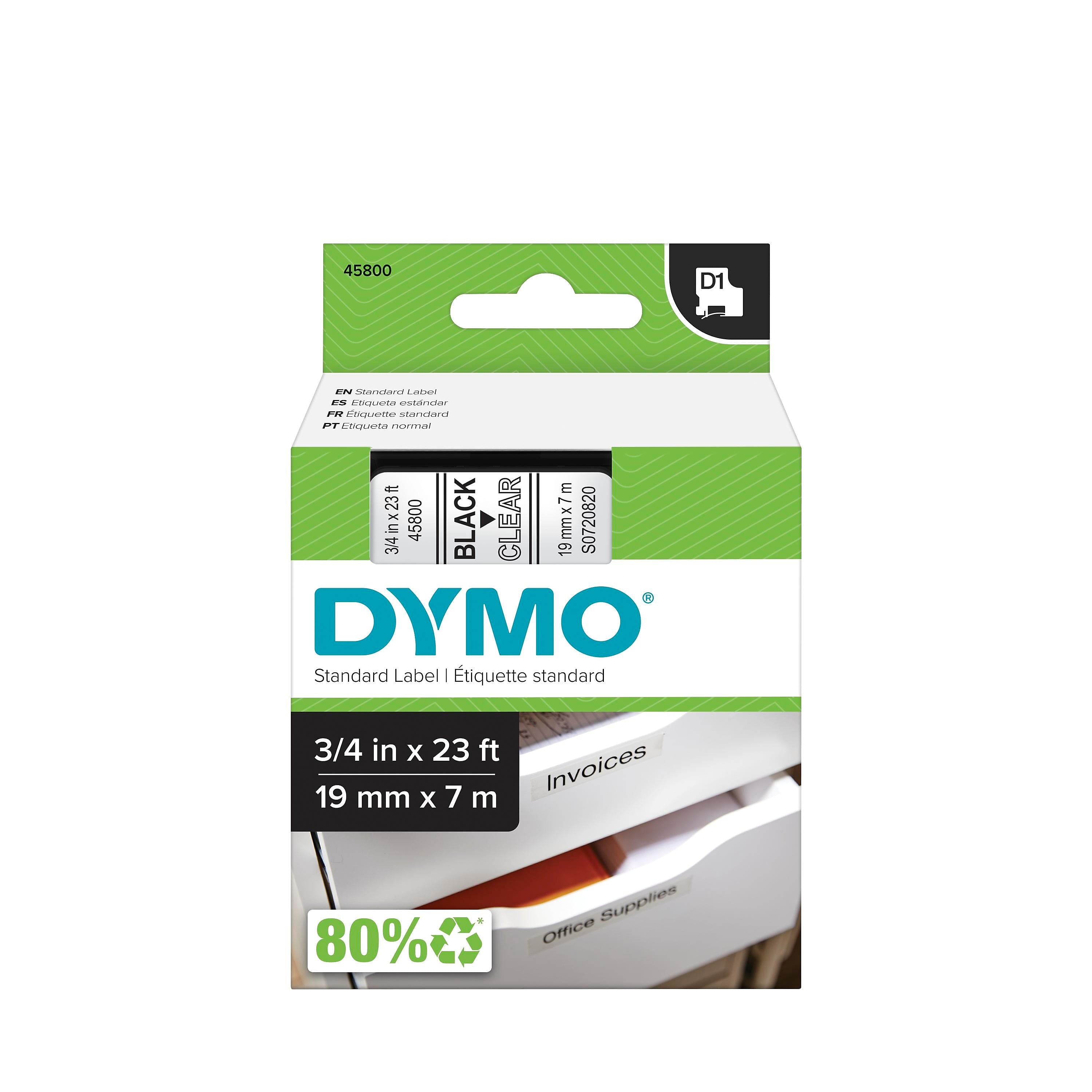 DYMO D1 Standard 45800 Label Maker Tape, 3/4" x 23', Black on Clear (45800)