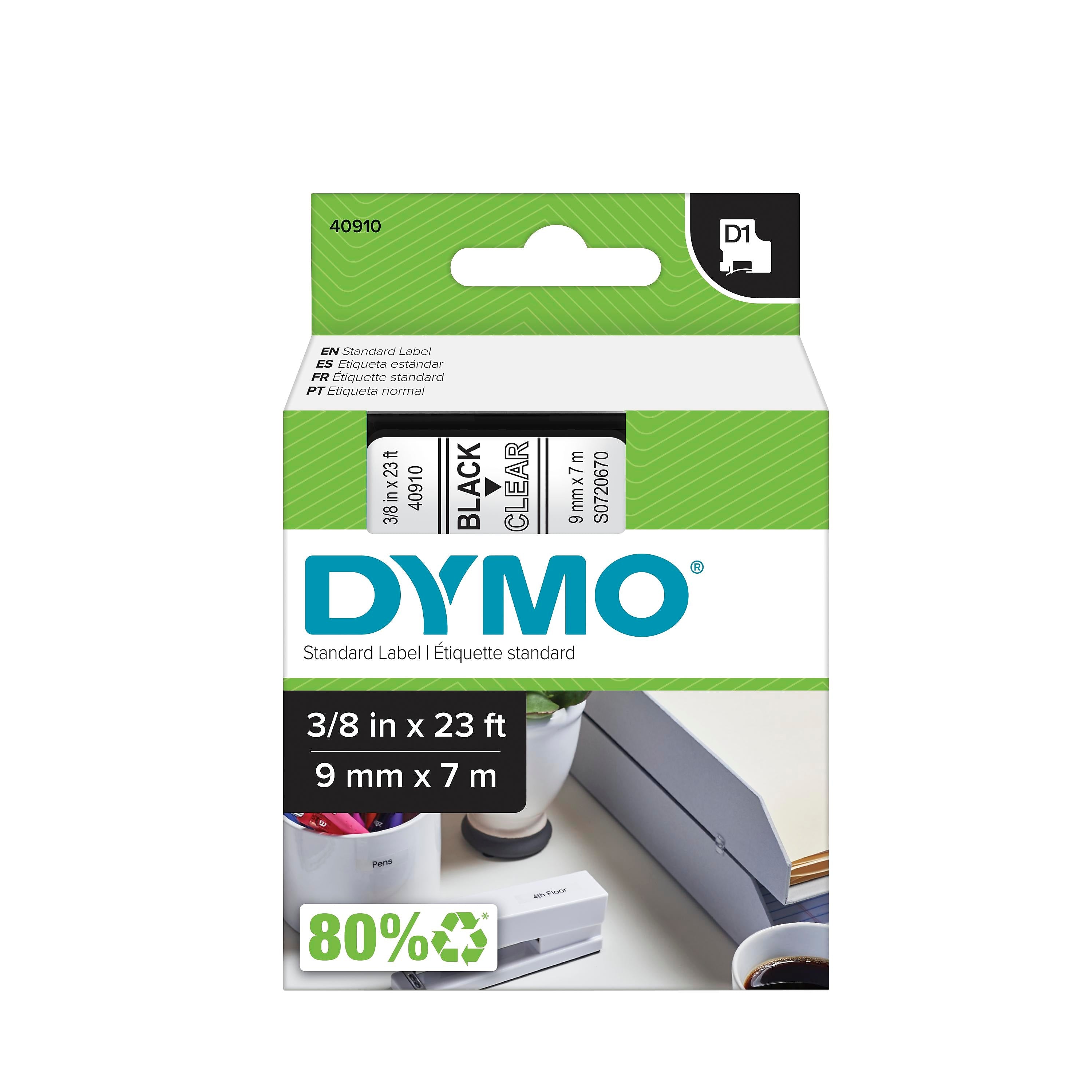 DYMO D1 Standard 40910 Label Maker Tape, 3/8" x 23', Black on Clear (40910)