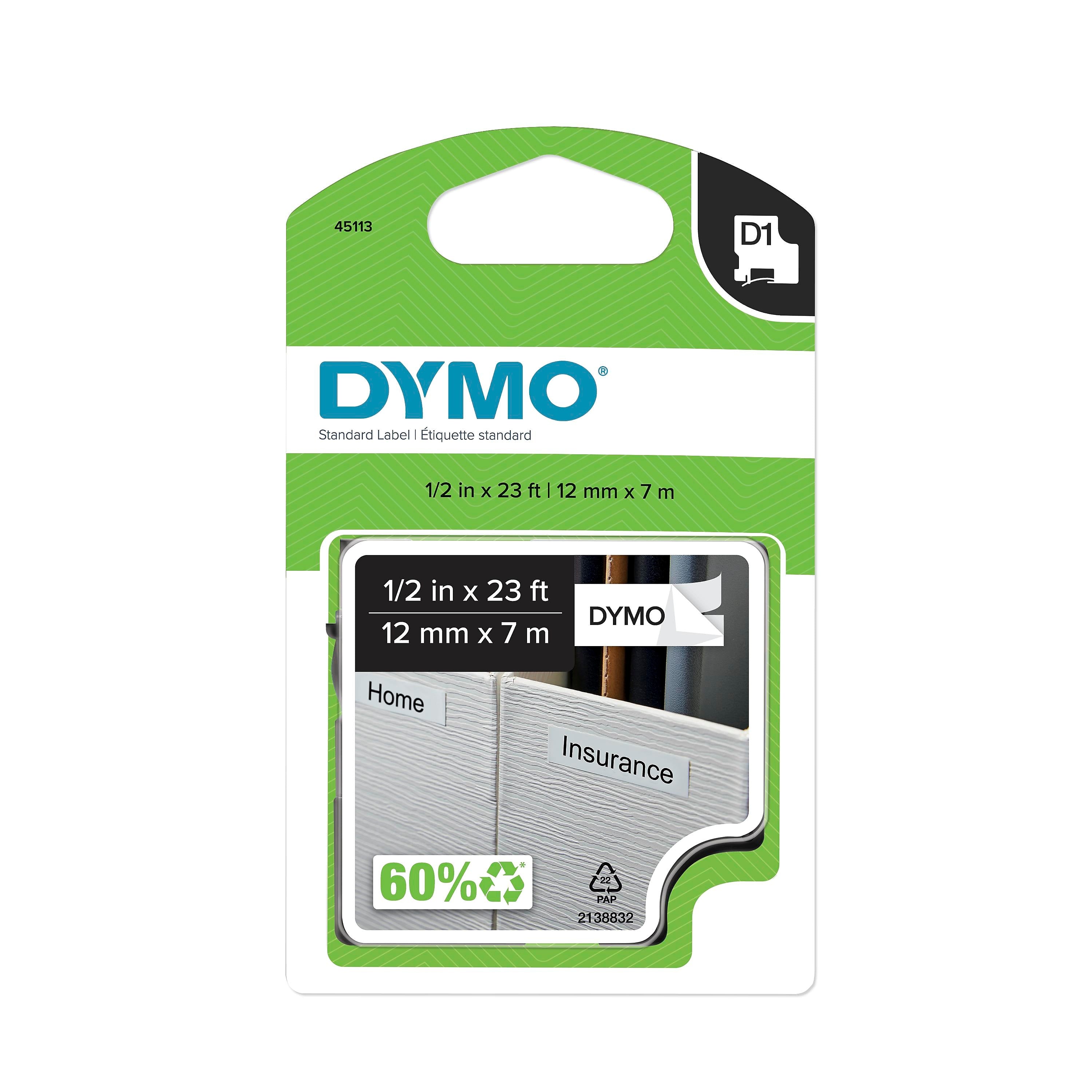 DYMO D1 Standard 45113 Label Maker Tape, 1/2" x 23', Black on White (45113)