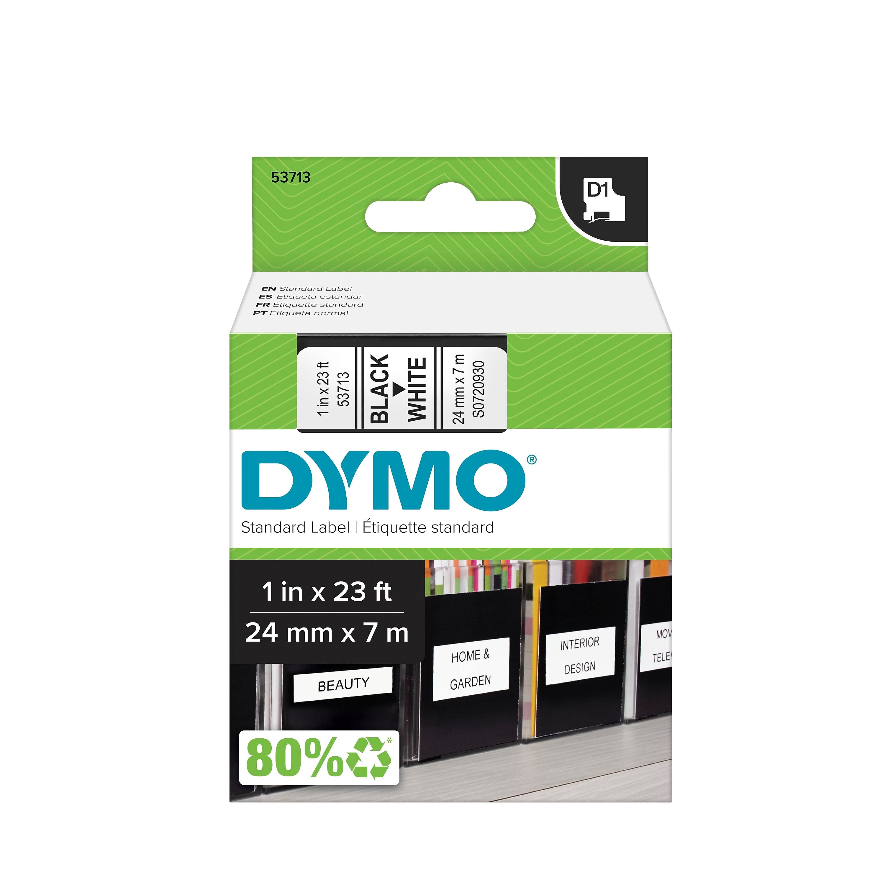 DYMO D1 Standard 53713 Label Maker Tape, 1" x 23', Black on White (53713)