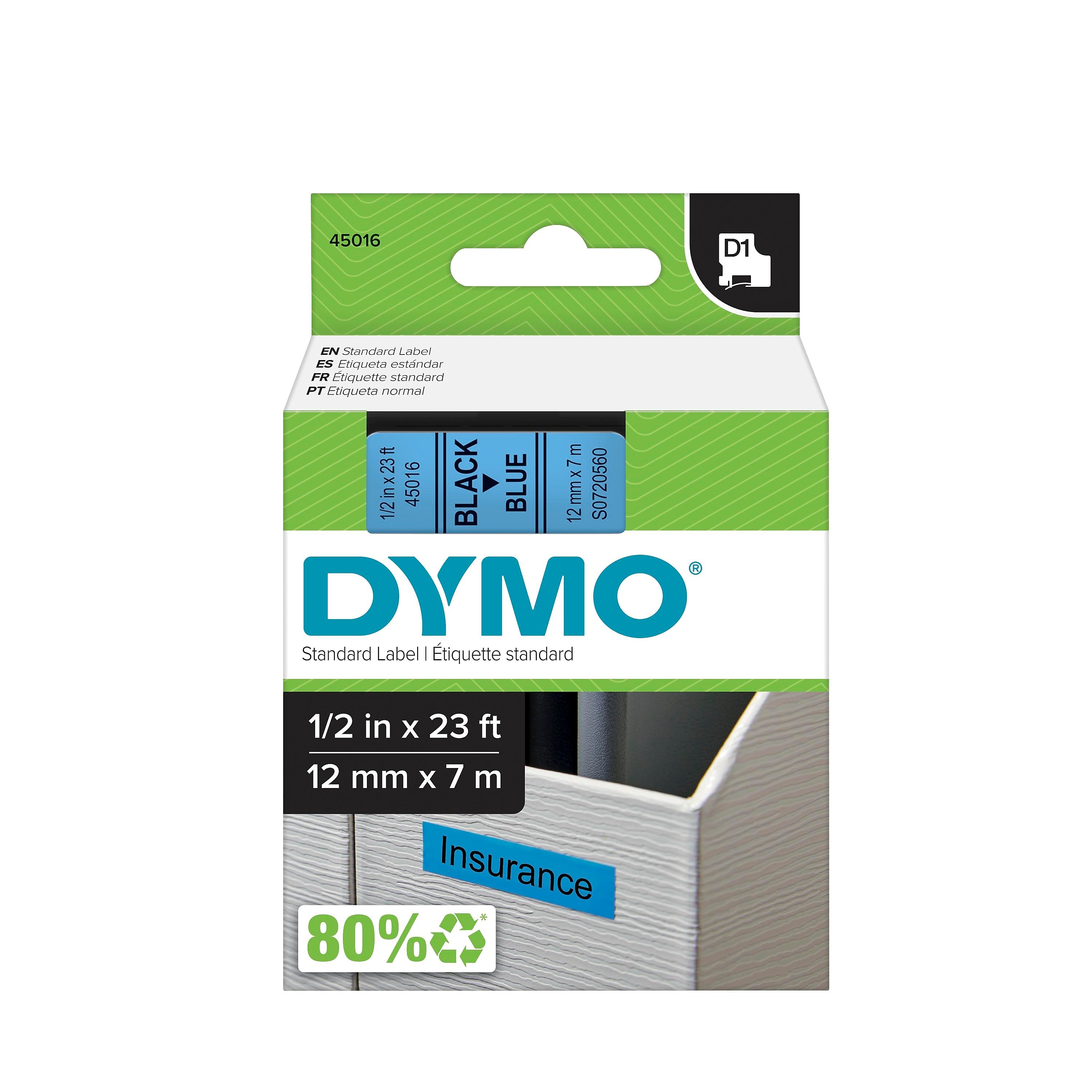 DYMO D1 Standard 45016 Label Maker Tape, 1/2" x 23', Black on Blue (45016)
