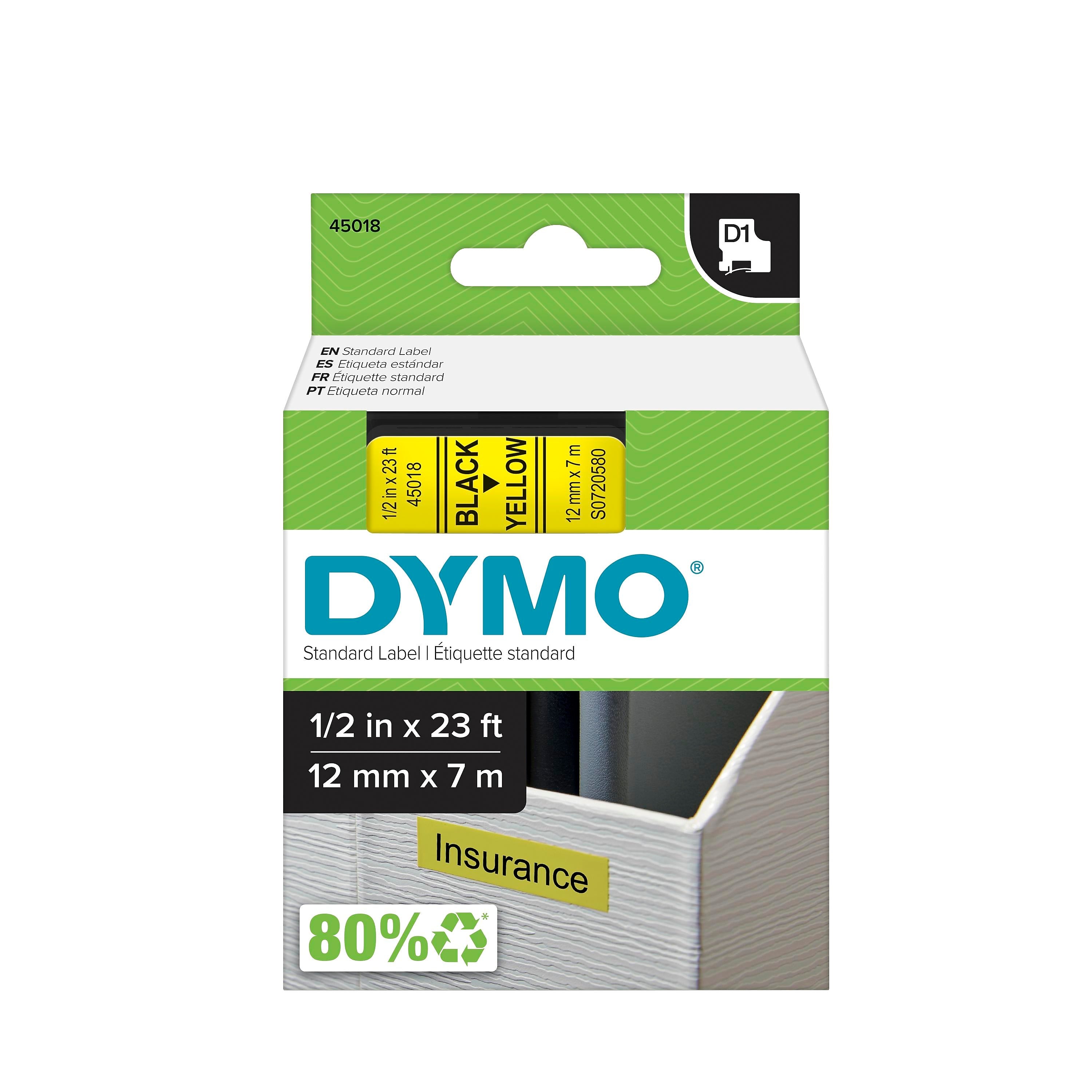 DYMO D1 Standard 45018 Label Maker Tape, 1/2" x 23', Black on Yellow (45018)