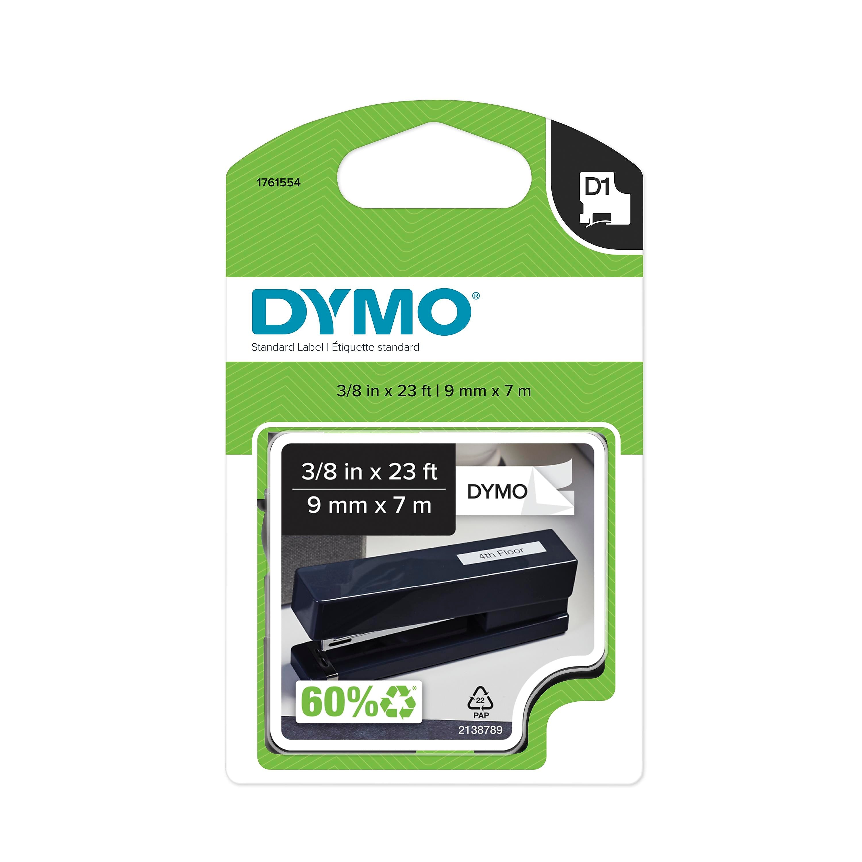 DYMO D1 Standard 1761554 Label Maker Tape, 3/8" x 23', Black on White (1761554)