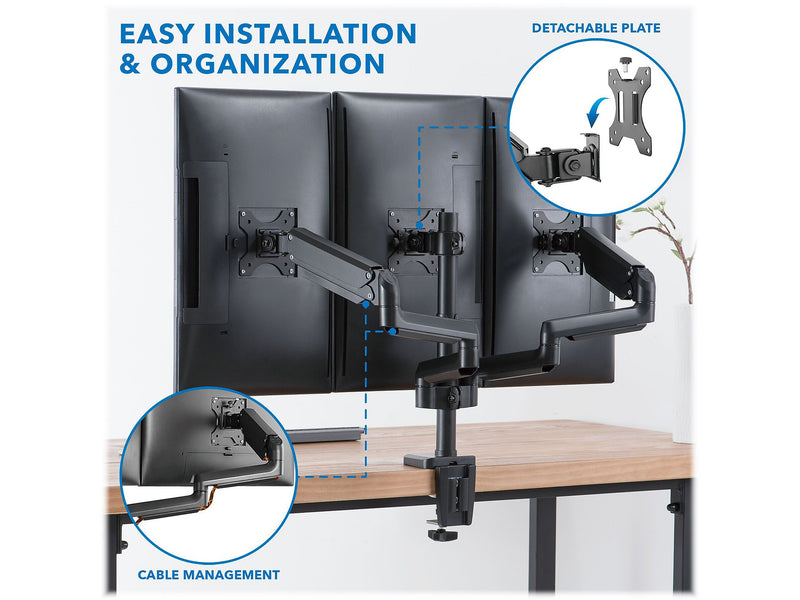 Mount-It! Adjustable Triple Monitor Mount with Gas Spring Arms, Up to 27", Black (MI-4753B)
