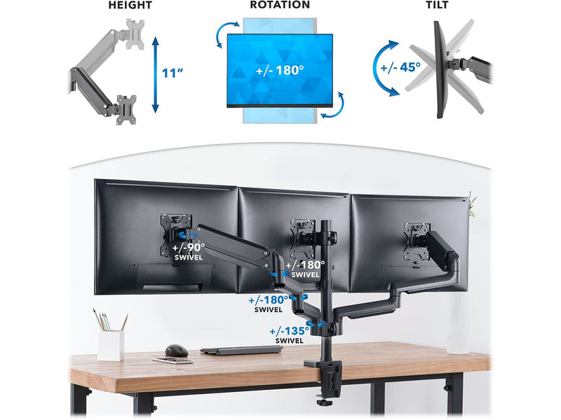 Mount-It! Adjustable Triple Monitor Mount with Gas Spring Arms, Up to 27", Black (MI-4753B)