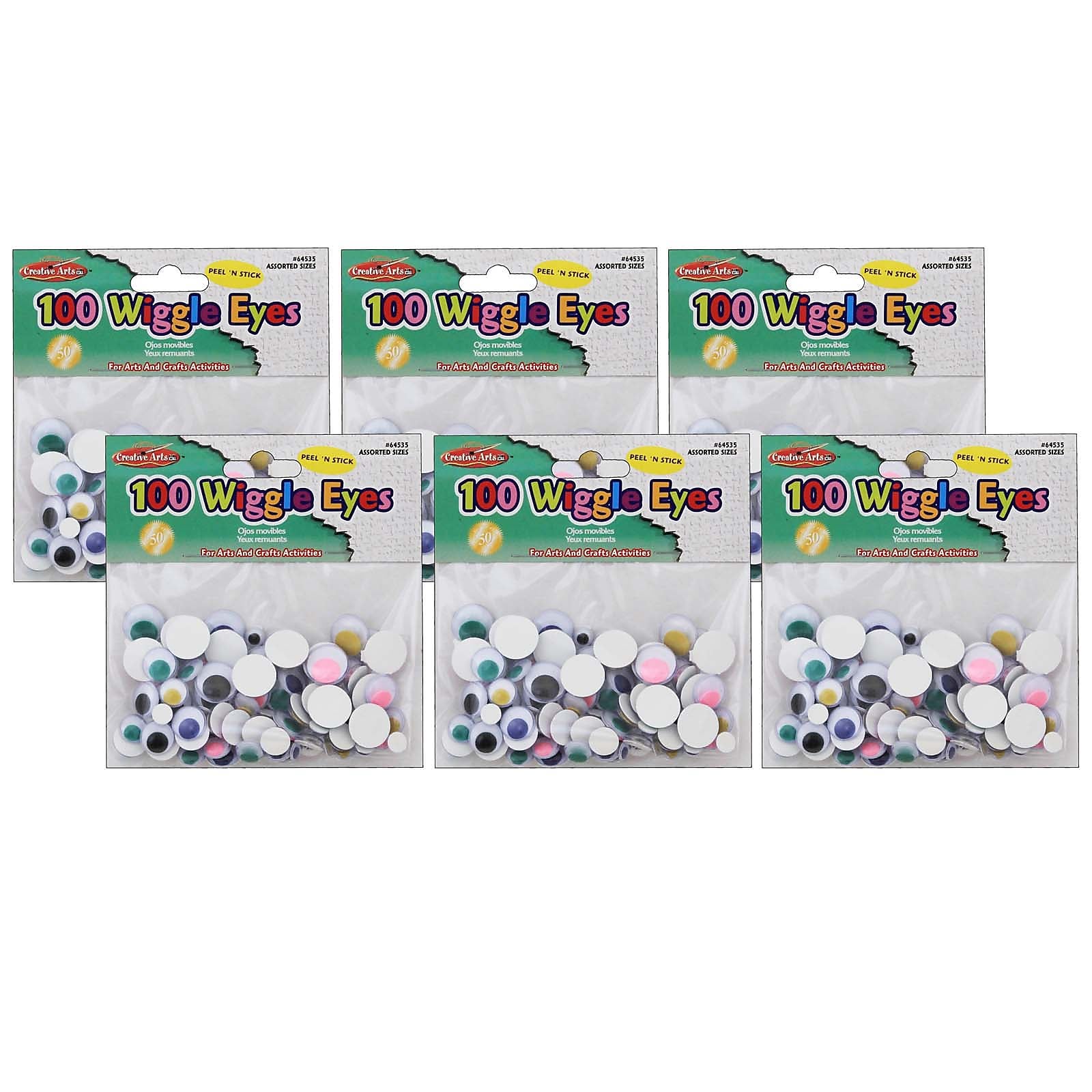 CLI Wiggle Eyes, Peel'n Stick, Assorted Colors and Sizes, 100/Bag, 6 Bags (CHL64535-6)