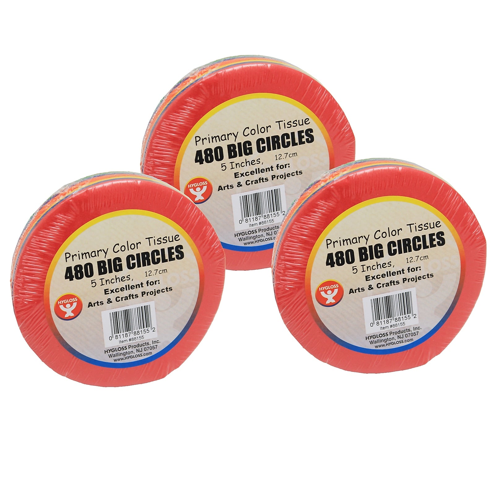 Hygloss 5" Tissue Circles, Primary Colors, 480/Pack, 3 Packs (HYG88155-3)