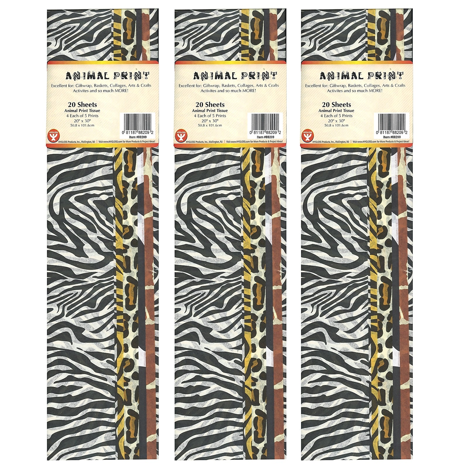 Hygloss Tissue Paper, Animal Print Assortment, 20" x 30", 20 Sheets/Pack, 3 Packs (HYG88209-3)