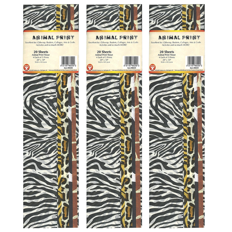 Hygloss Tissue Paper, Animal Print Assortment, 20" x 30", 20 Sheets/Pack, 3 Packs (HYG88209-3)