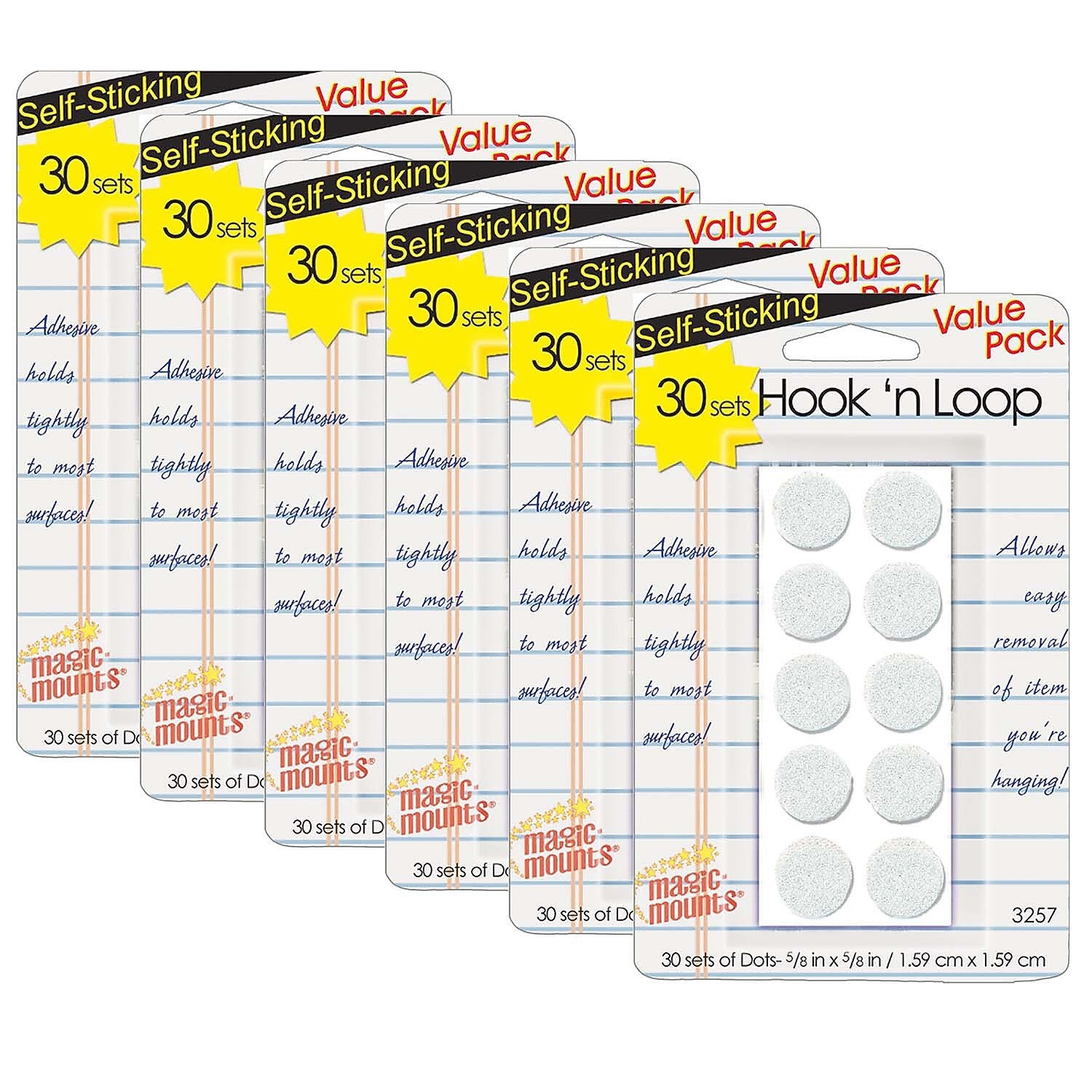 Magic Mounts Hook 'n Loop 5/8" Dots Hook & Loop Fastener, White, 30 Per Pack, 6 Packs (MIL3257W-6)