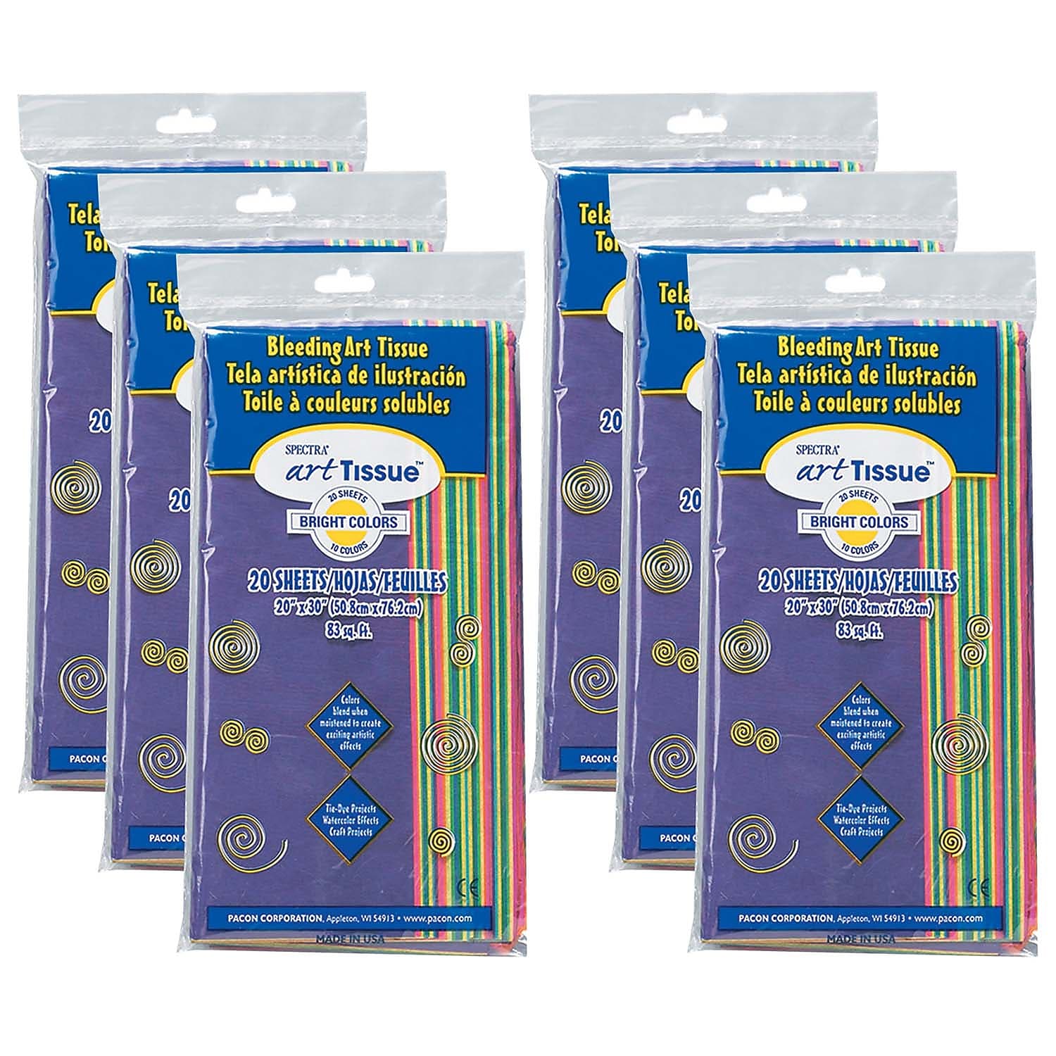 Spectra Deluxe Bleeding Art Tissue, 10 Color Bright Assortment, 20" x 30", 20 Sheets/Pack, 6 Packs (PAC58576-6)