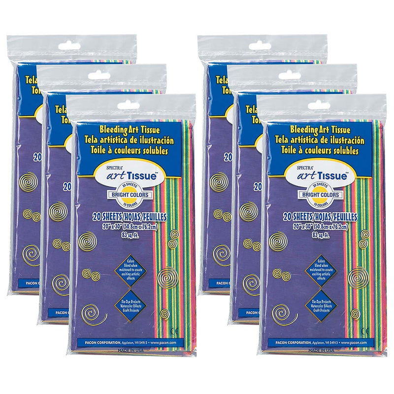 Spectra Deluxe Bleeding Art Tissue, 10 Color Bright Assortment, 20" x 30", 20 Sheets/Pack, 6 Packs (PAC58576-6)