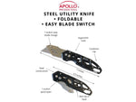 Apollo Tools Stainless Steel Foldable Utility Knife with Carabiner Clip and Fast-Change Blade (DT5017)