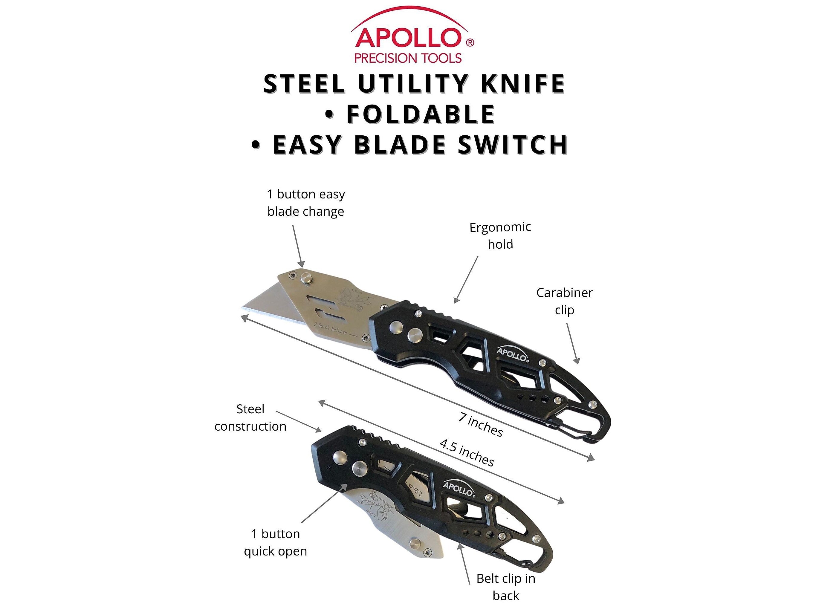 Apollo Tools Stainless Steel Foldable Utility Knife with Carabiner Clip and Fast-Change Blade (DT5017)