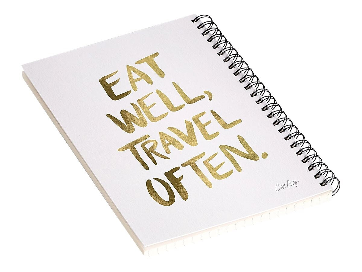 DENY Designs Eat Well Travel Often Gold by Cat Coquillette Notebook, 5.5" x 8.25", Dotted Ruled, 40 Sheets, White