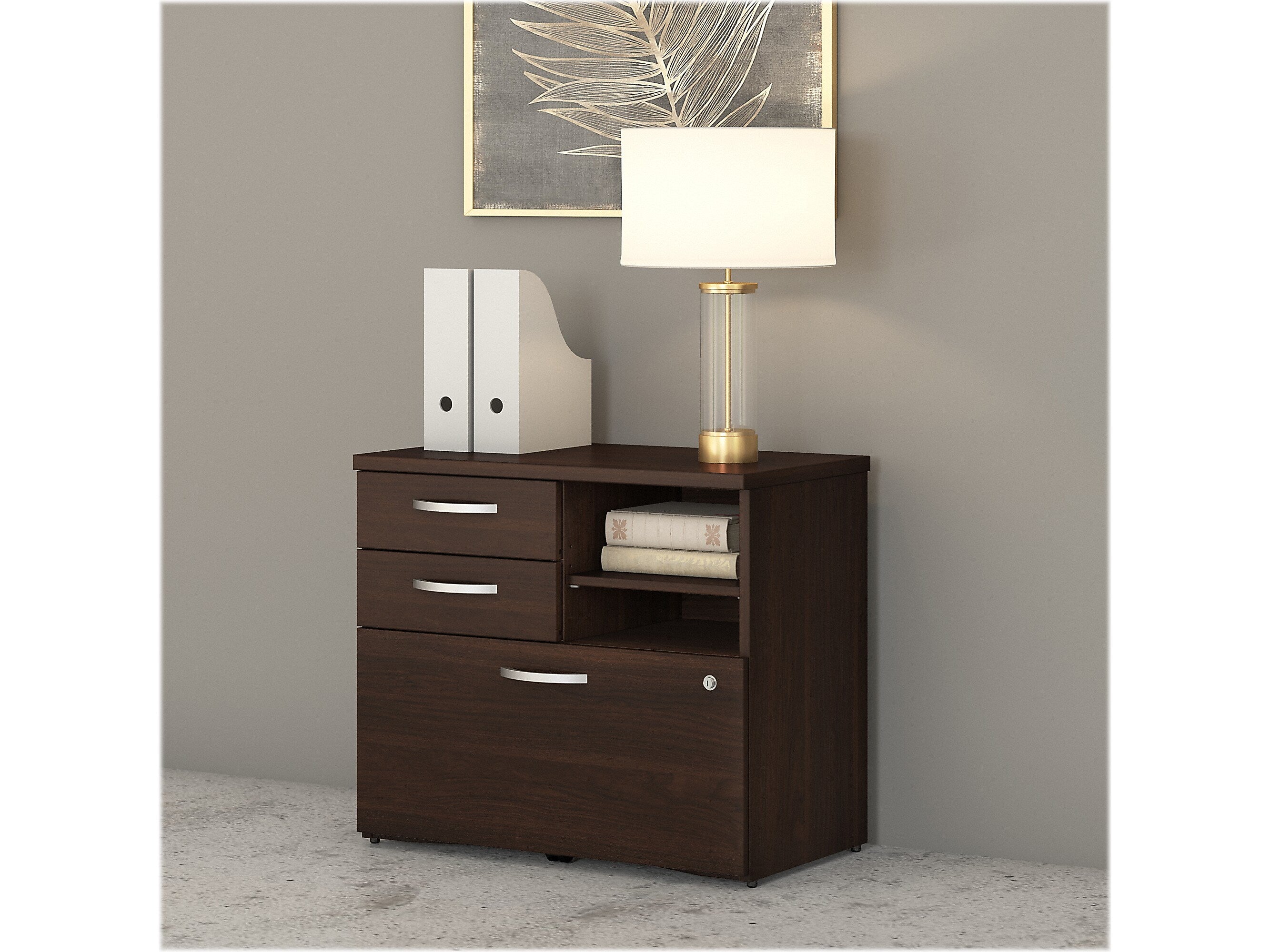 Bush Business Furniture Studio C Office Storage Cabinet with Drawers and Shelves, Black Walnut (SCF130BWSU)