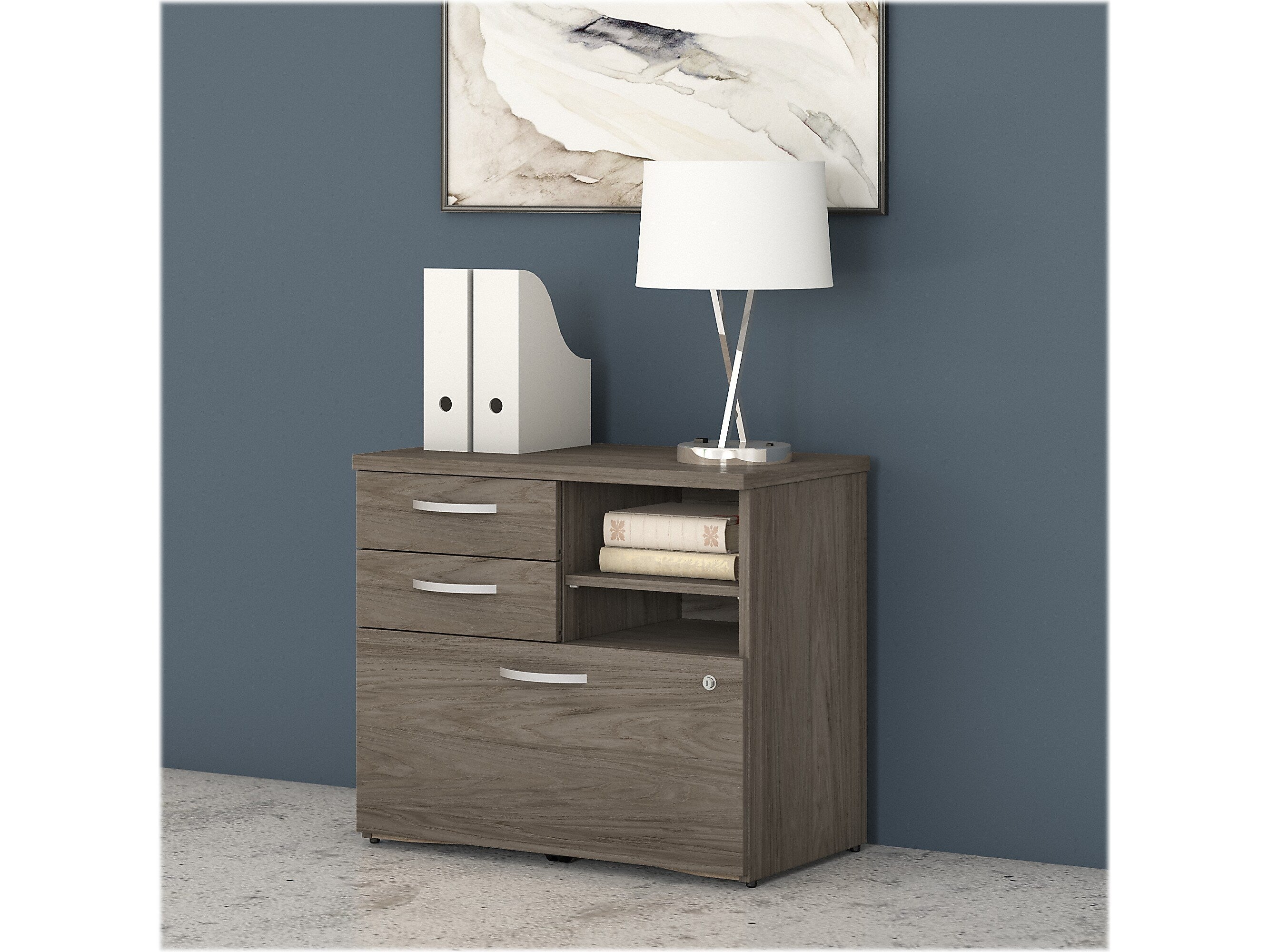 Bush Business Furniture Studio C Office Storage Cabinet with Drawers and Shelves, Modern Hickory (SCF130MHSU)