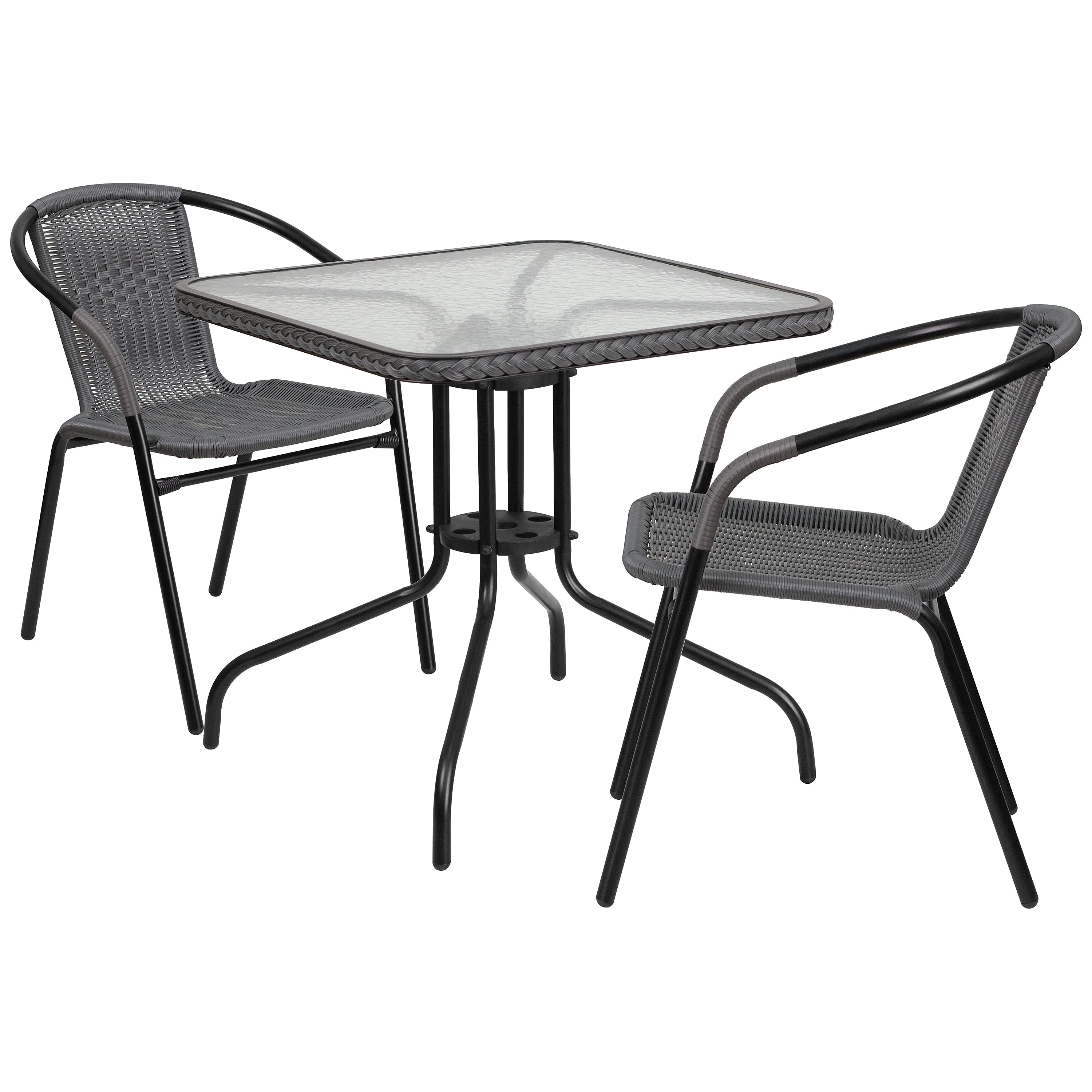 Flash Furniture Lila 28'' Square Table with 2 Rattan Stack Chairs, Gray (TLH073SQ037GY2)