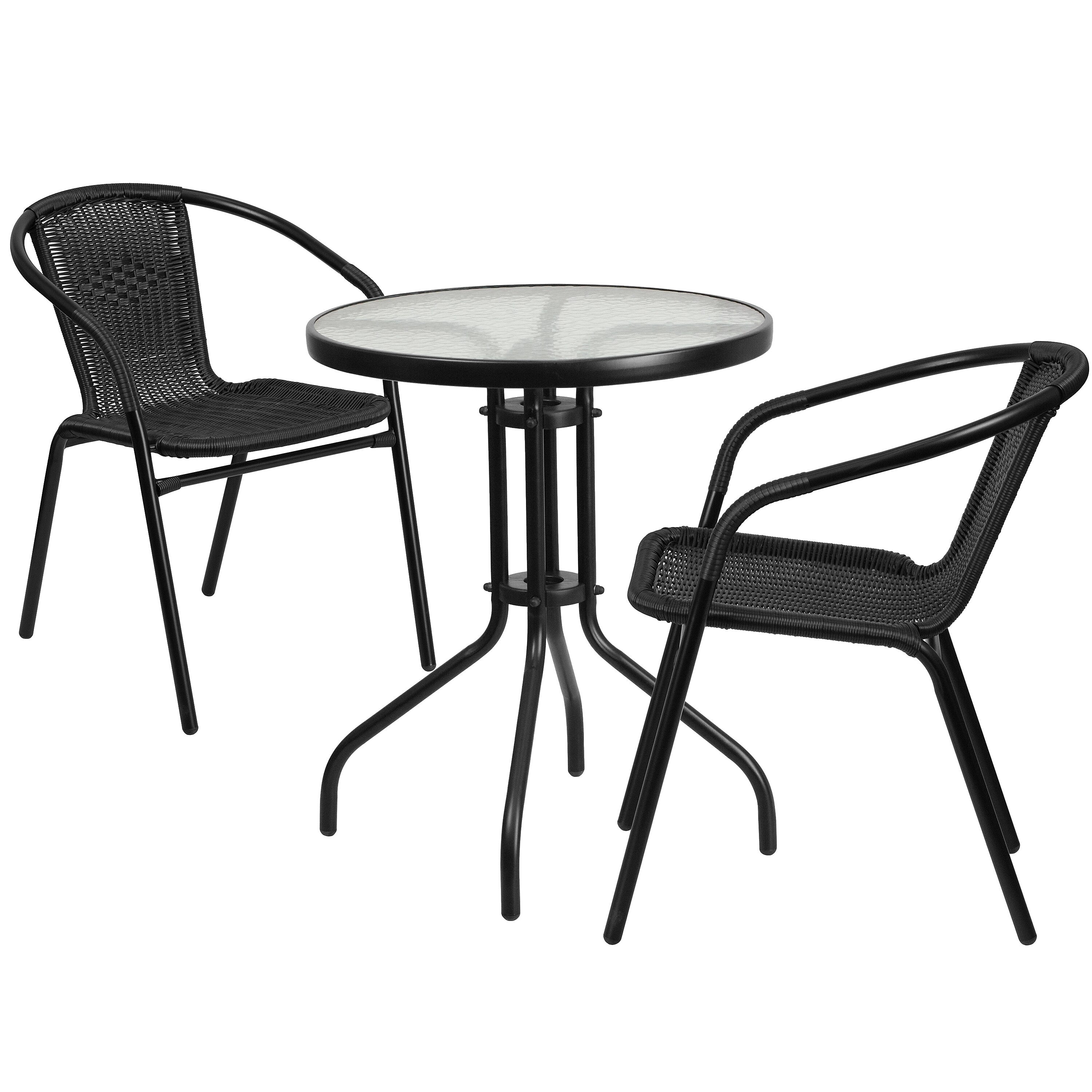 Flash Furniture Lila 23.75'' Round Table with 2 Rattan Stack Chairs, Black (TLH071RD037BK2)