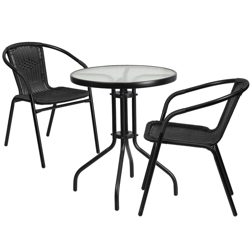Flash Furniture Lila 23.75'' Round Table with 2 Rattan Stack Chairs, Black (TLH071RD037BK2)
