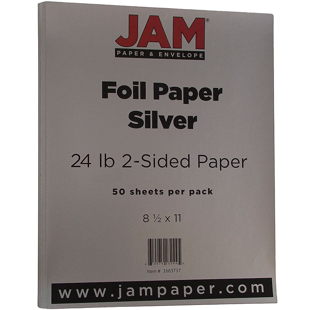 JAM Paper® 2-Sided Foil Colored Paper, 24 lbs., 8.5" x 11", Silver, 50 Sheets/Pack (1683737)